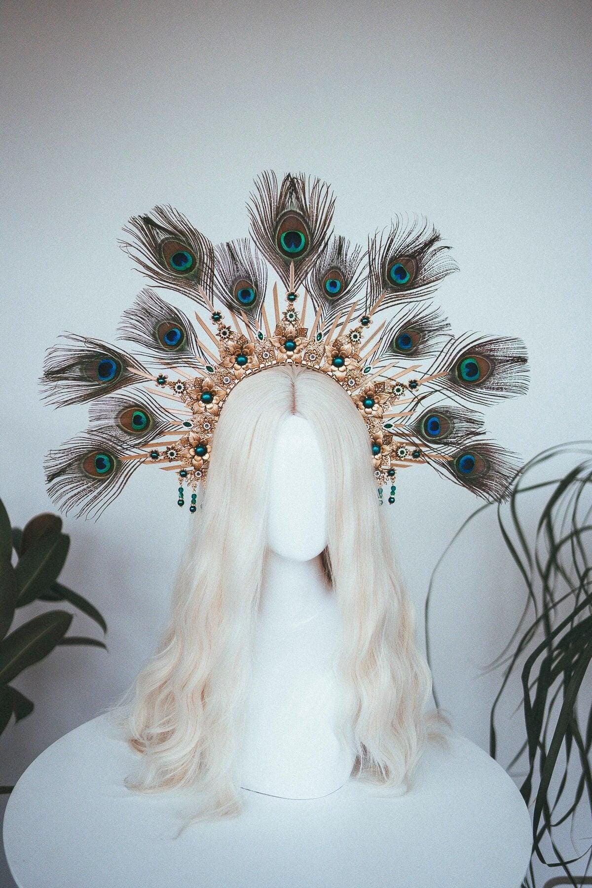 Peacock Halo Crown, Gold Goddess Headpiece, Festival Tiara, Bridal Halo, Maternity Photoshoot, Carnival Costume, Statement Feather Crown