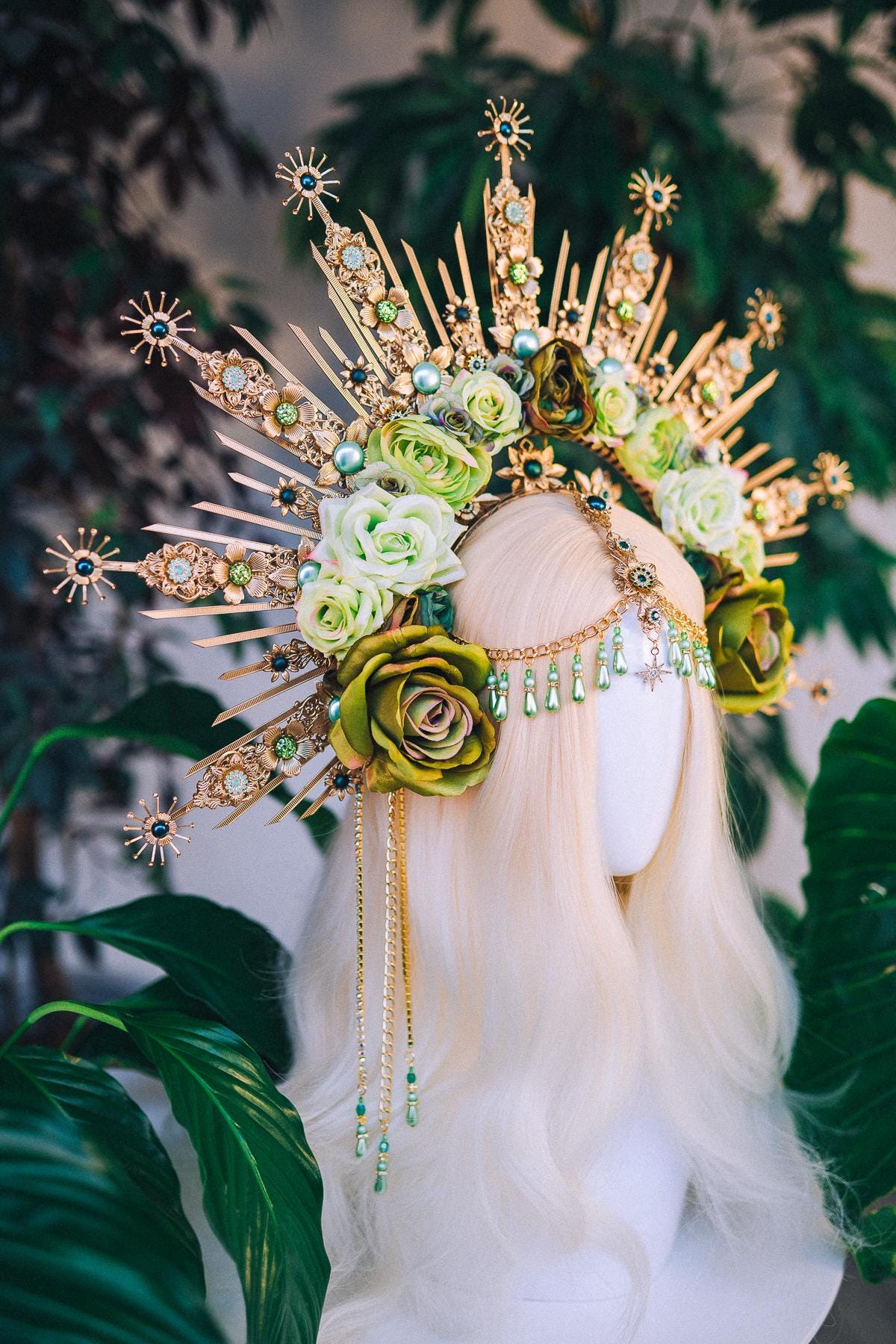 Green Floral Goddess Halo Crown Gold Botanical Headpiece