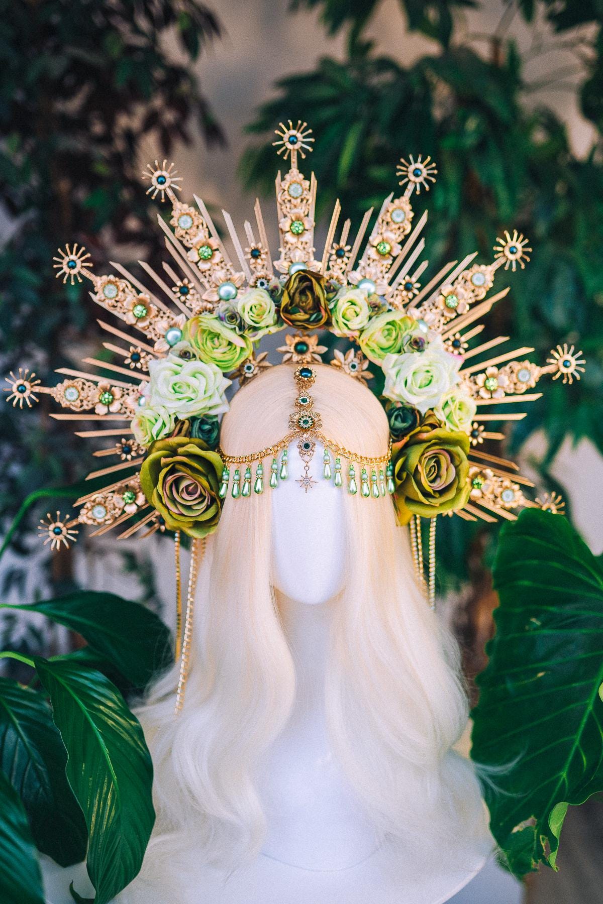Green Floral Goddess Halo Crown Gold Botanical Headpiece
