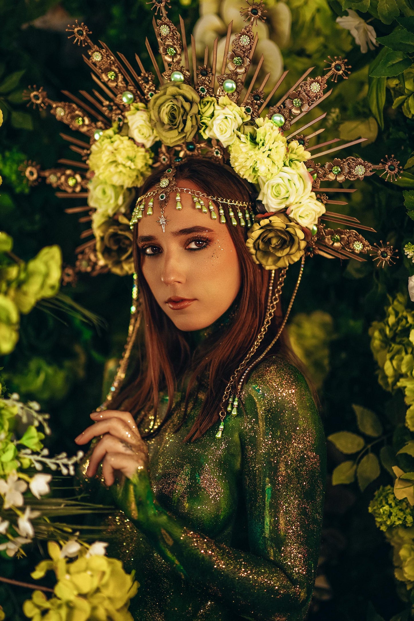 Green Floral Goddess Halo Crown Gold Botanical Headpiece