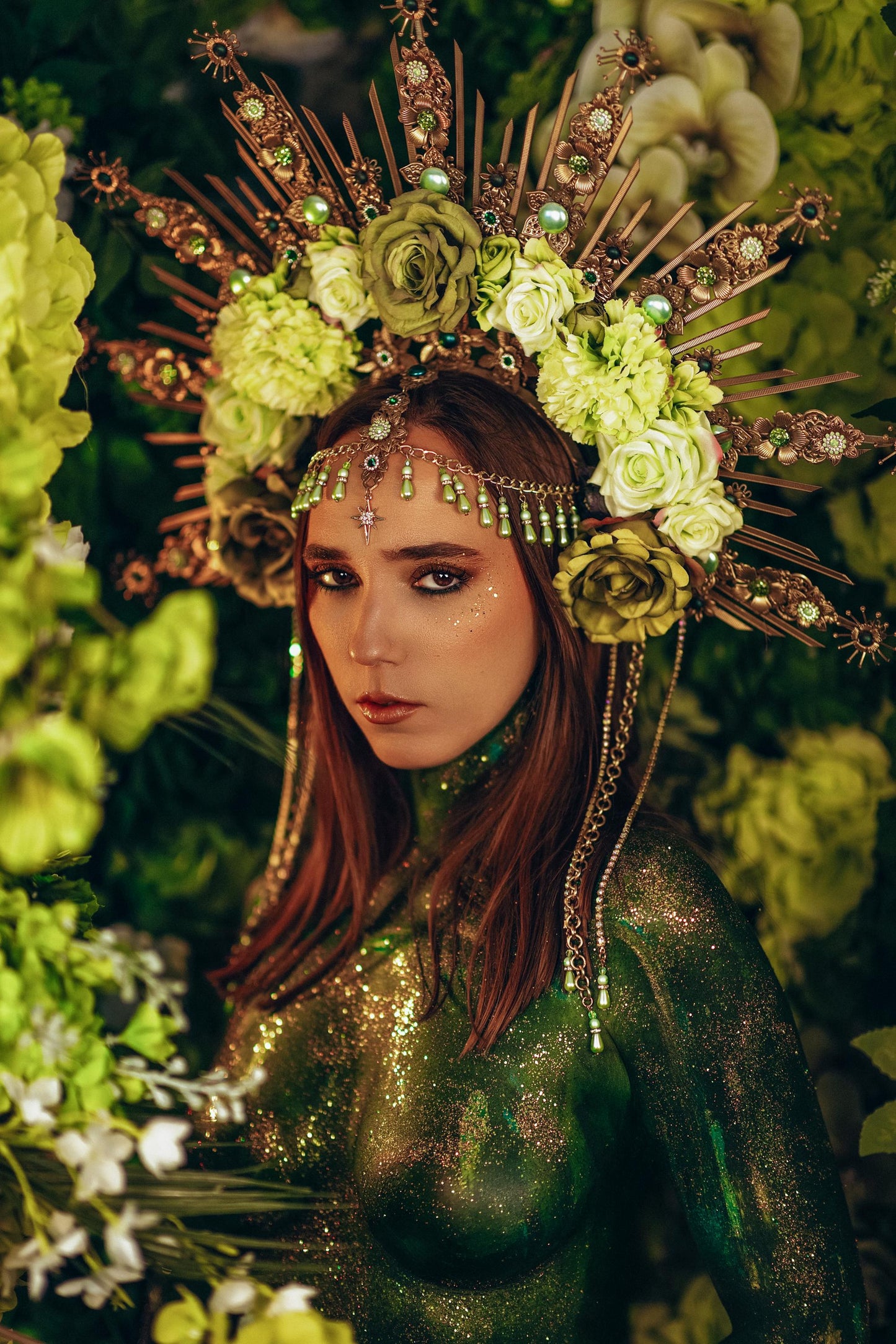Green Floral Goddess Halo Crown Gold Botanical Headpiece