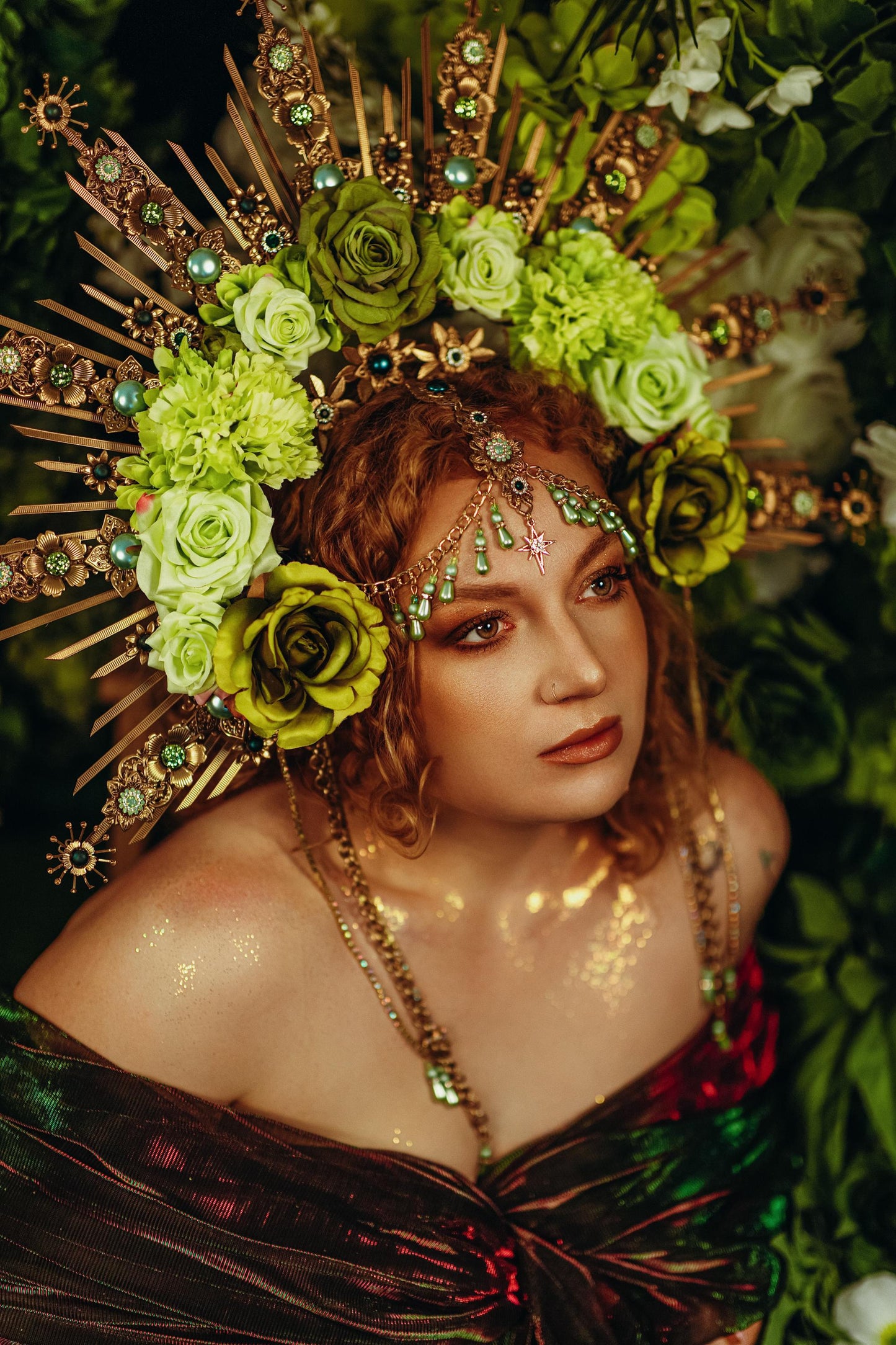 Green Floral Goddess Halo Crown Gold Botanical Headpiece