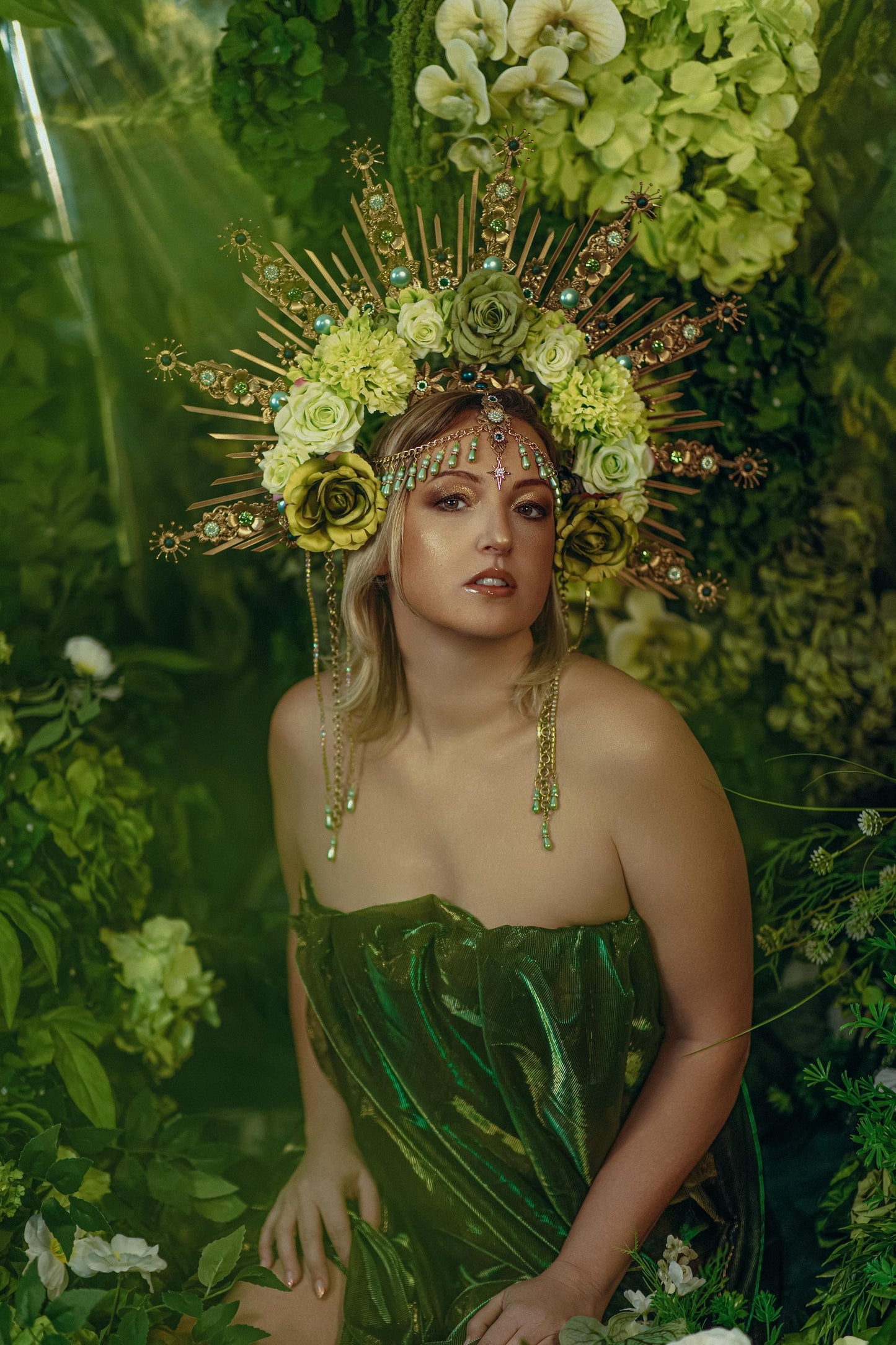 Green Floral Goddess Halo Crown Gold Botanical Headpiece
