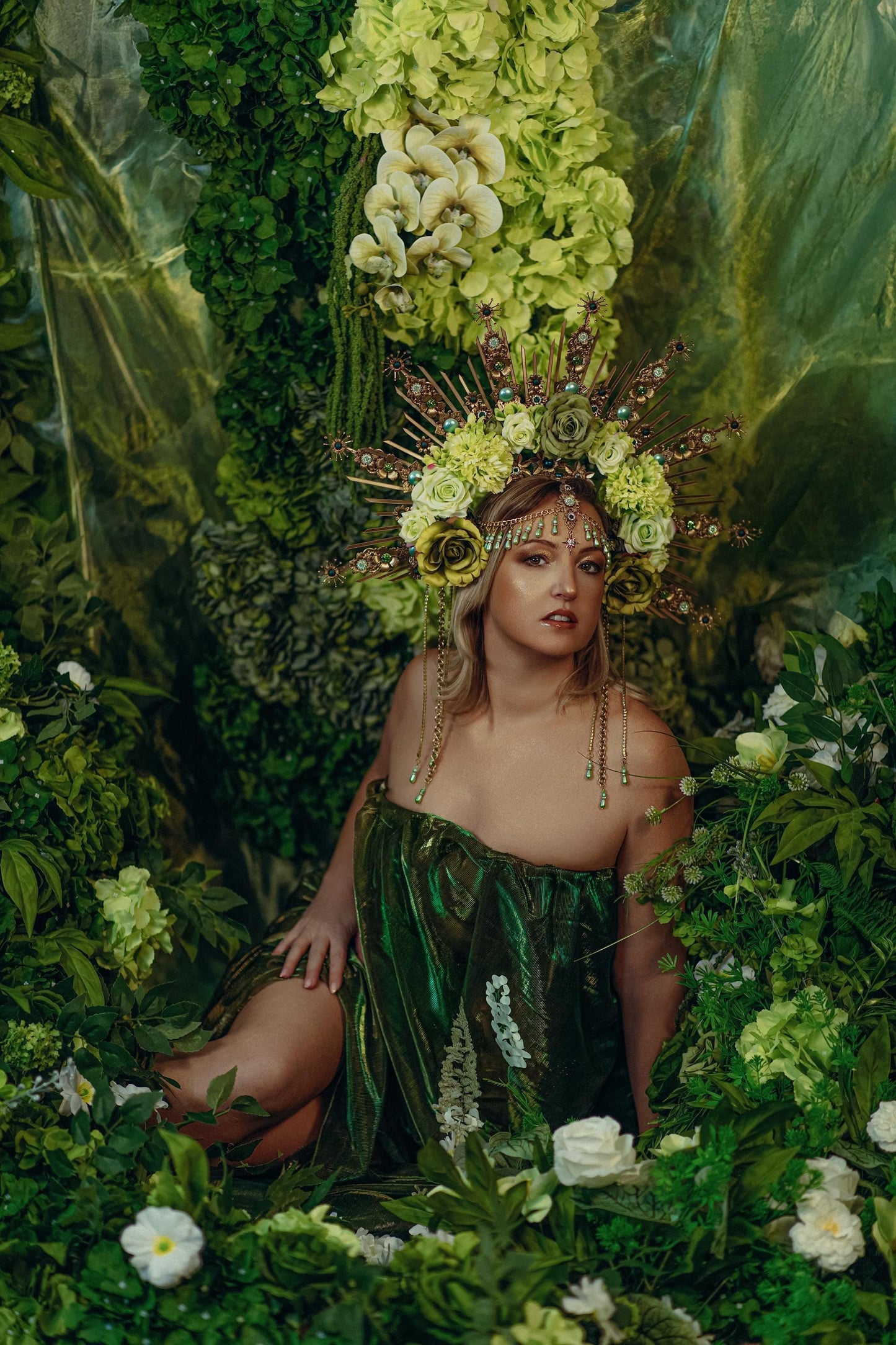 Green Floral Goddess Halo Crown Gold Botanical Headpiece