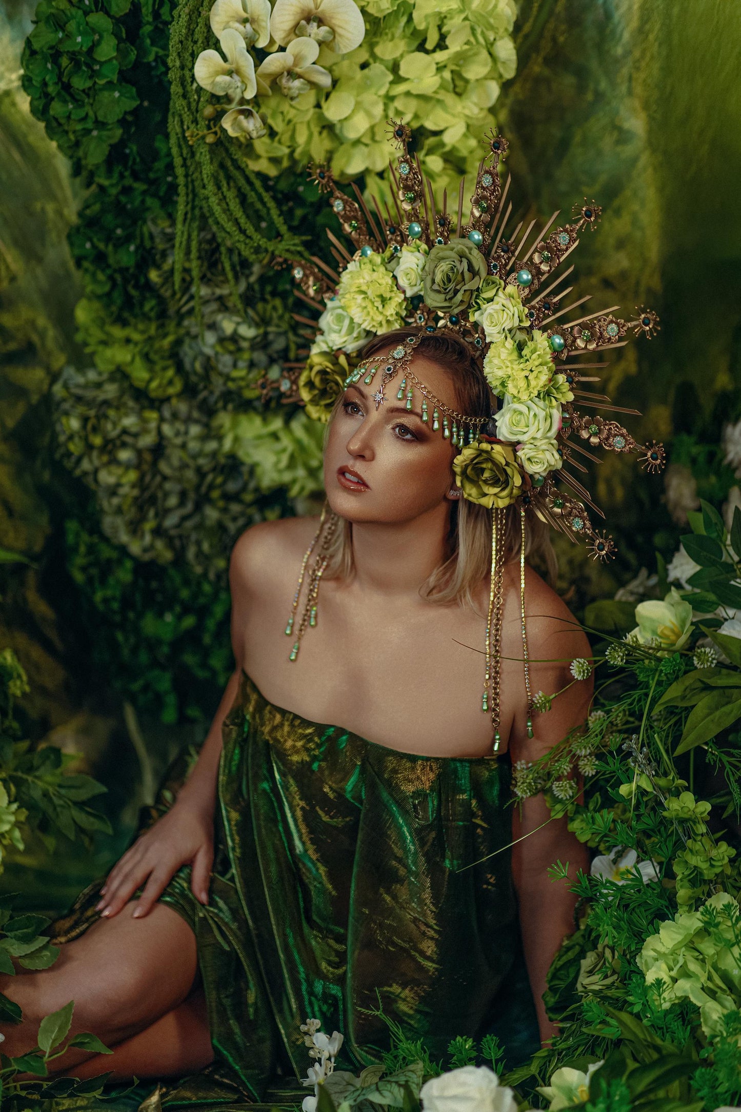 Green Floral Goddess Halo Crown Gold Botanical Headpiece