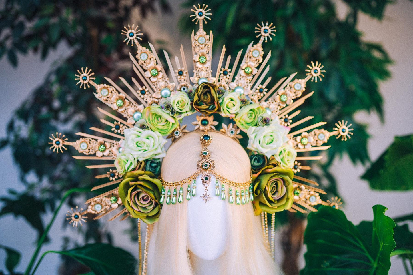 Green Floral Goddess Halo Crown Gold Botanical Headpiece