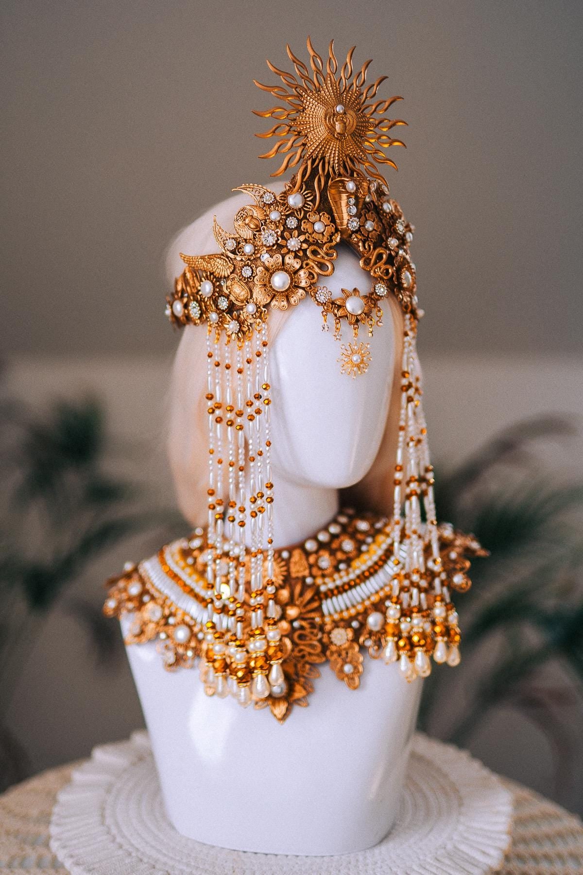 Cleopatra Sun Necklace Golden Egyptian Goddess Statement Jewelry