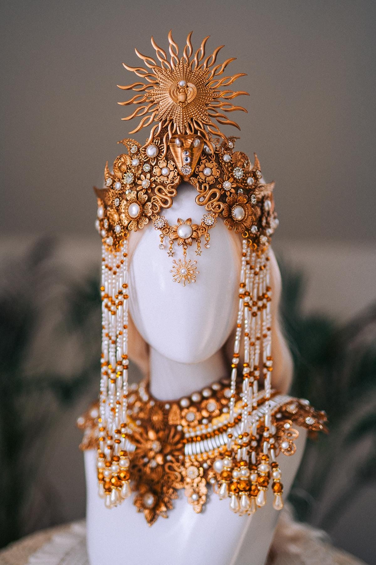 Cleopatra Sun Necklace Golden Egyptian Goddess Statement Jewelry