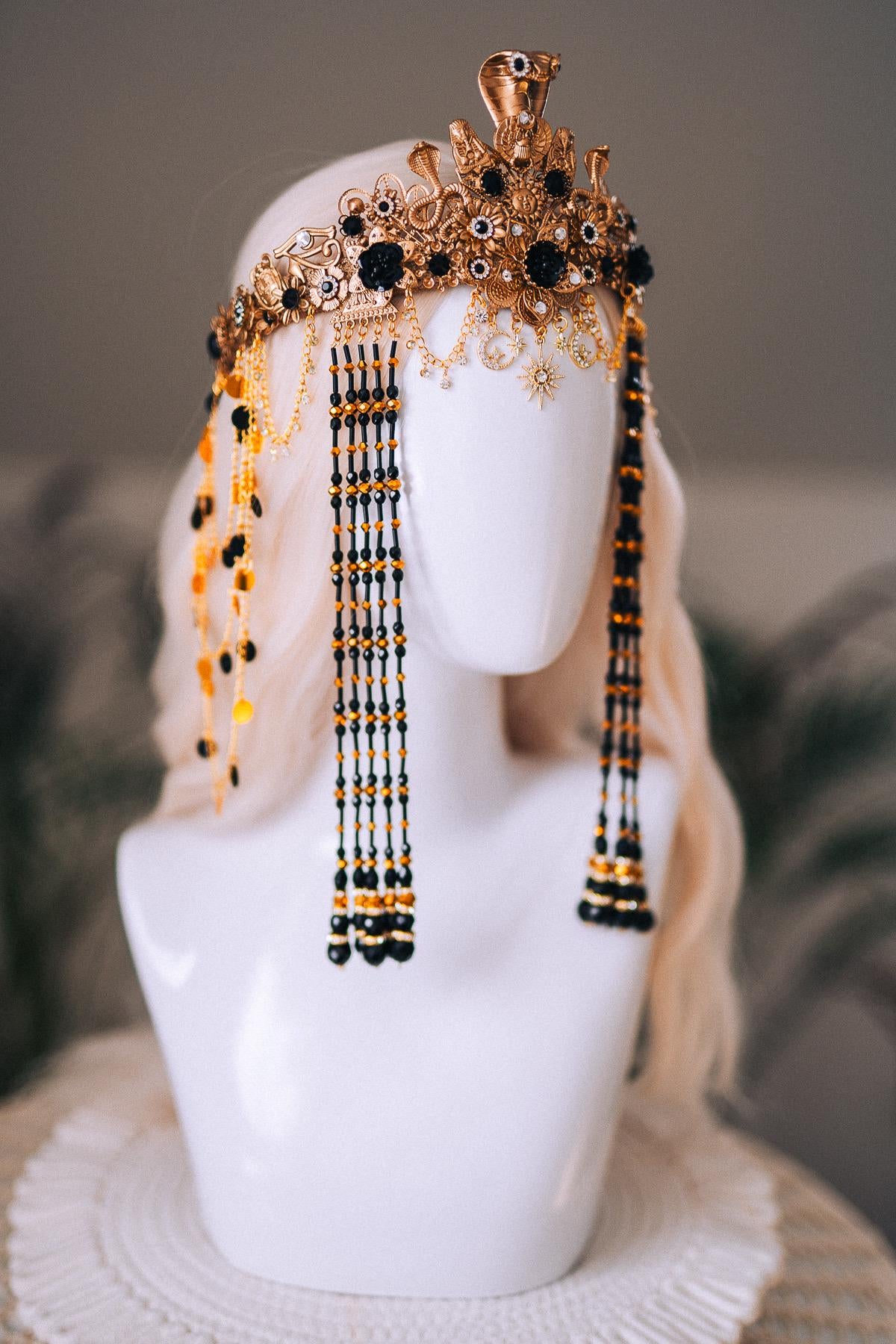 Cleopatra Night Sun Crown Black Gold Egyptian Goddess Cobra Headpiece