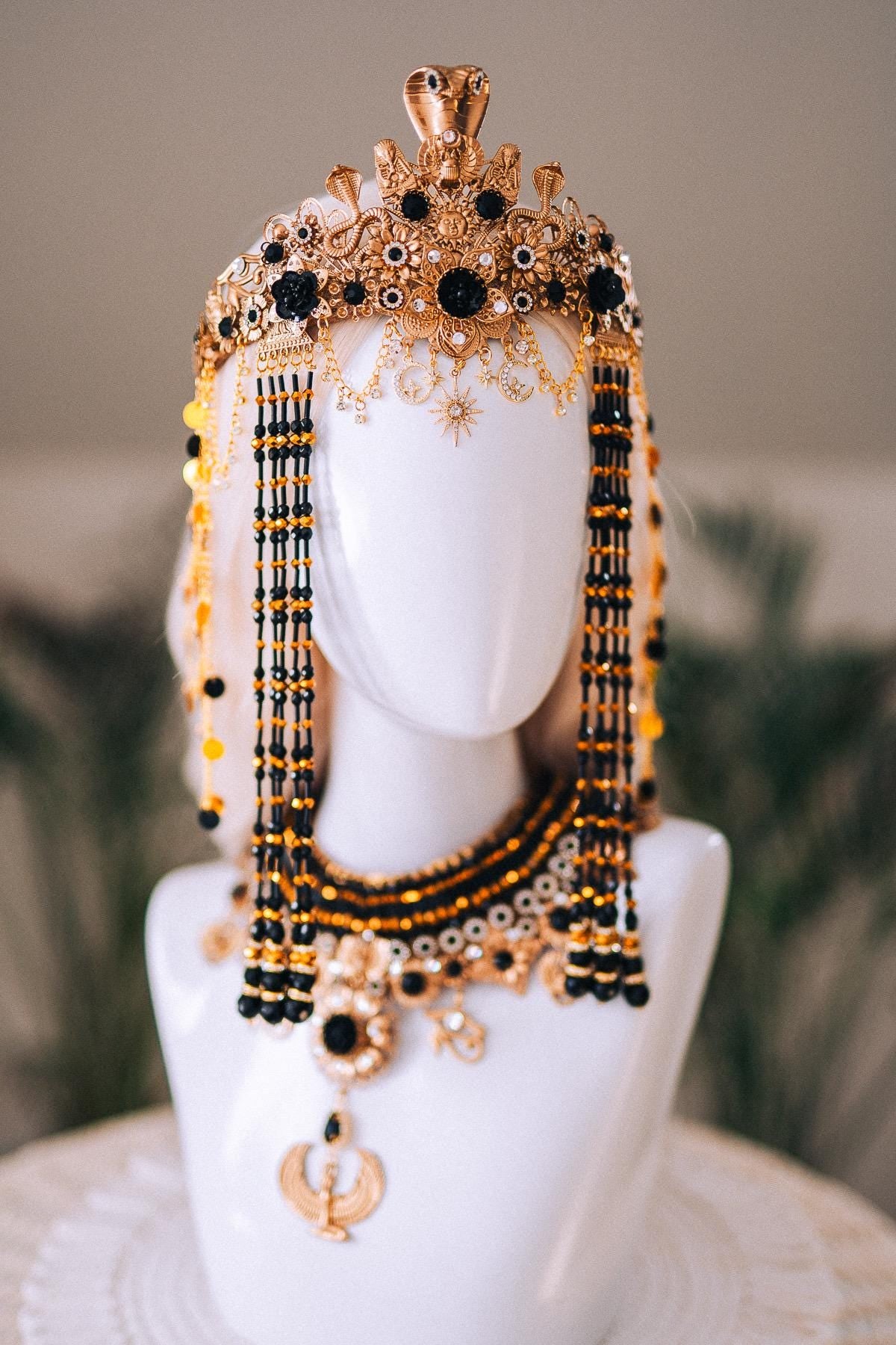 Cleopatra Night Sun Crown Black Gold Egyptian Goddess Cobra Headpiece