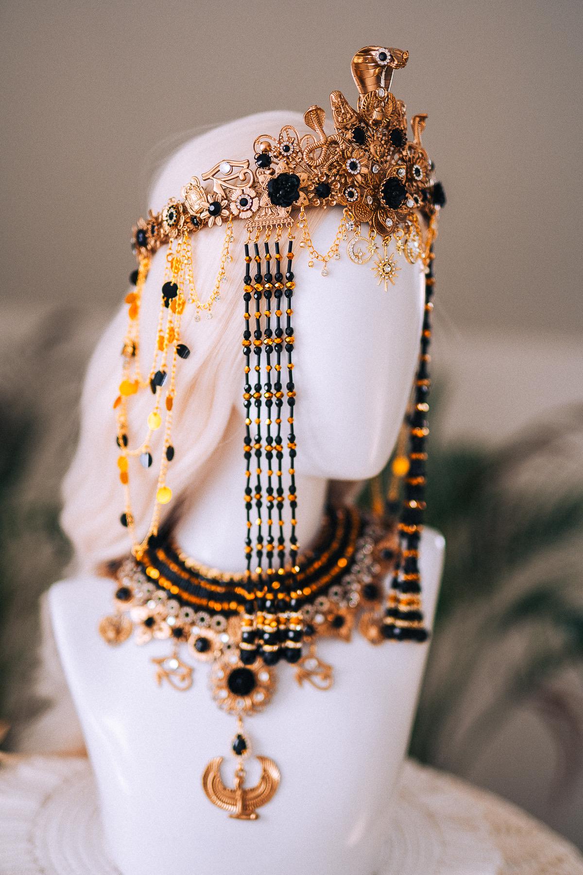 Cleopatra Night Sun Crown Black Gold Egyptian Goddess Cobra Headpiece