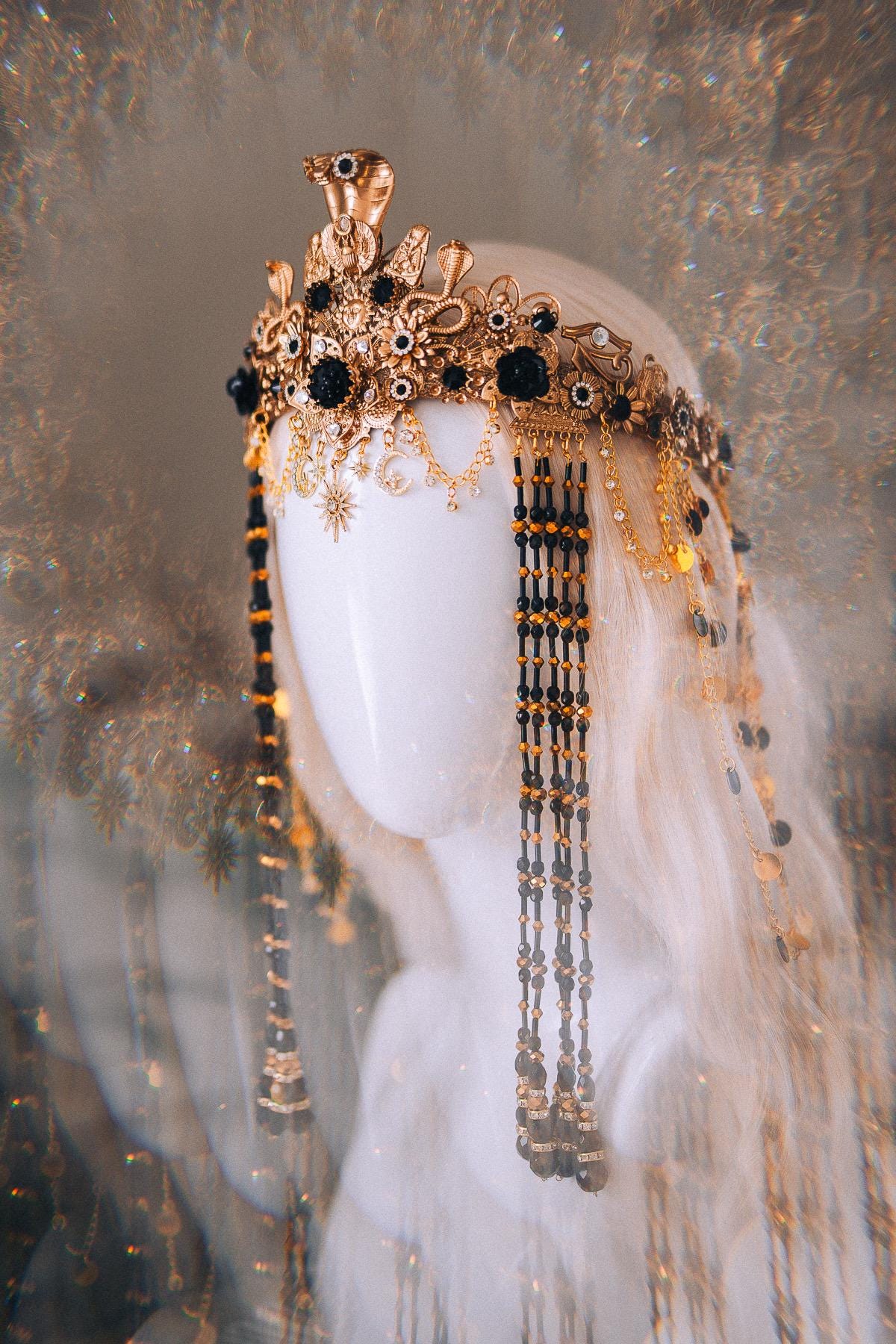 Cleopatra Night Sun Crown Black Gold Egyptian Goddess Cobra Headpiece