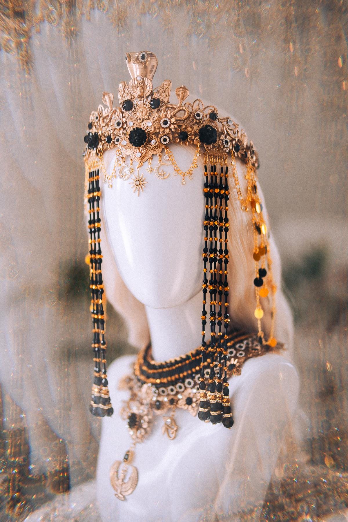 Cleopatra Night Sun Crown Black Gold Egyptian Goddess Cobra Headpiece