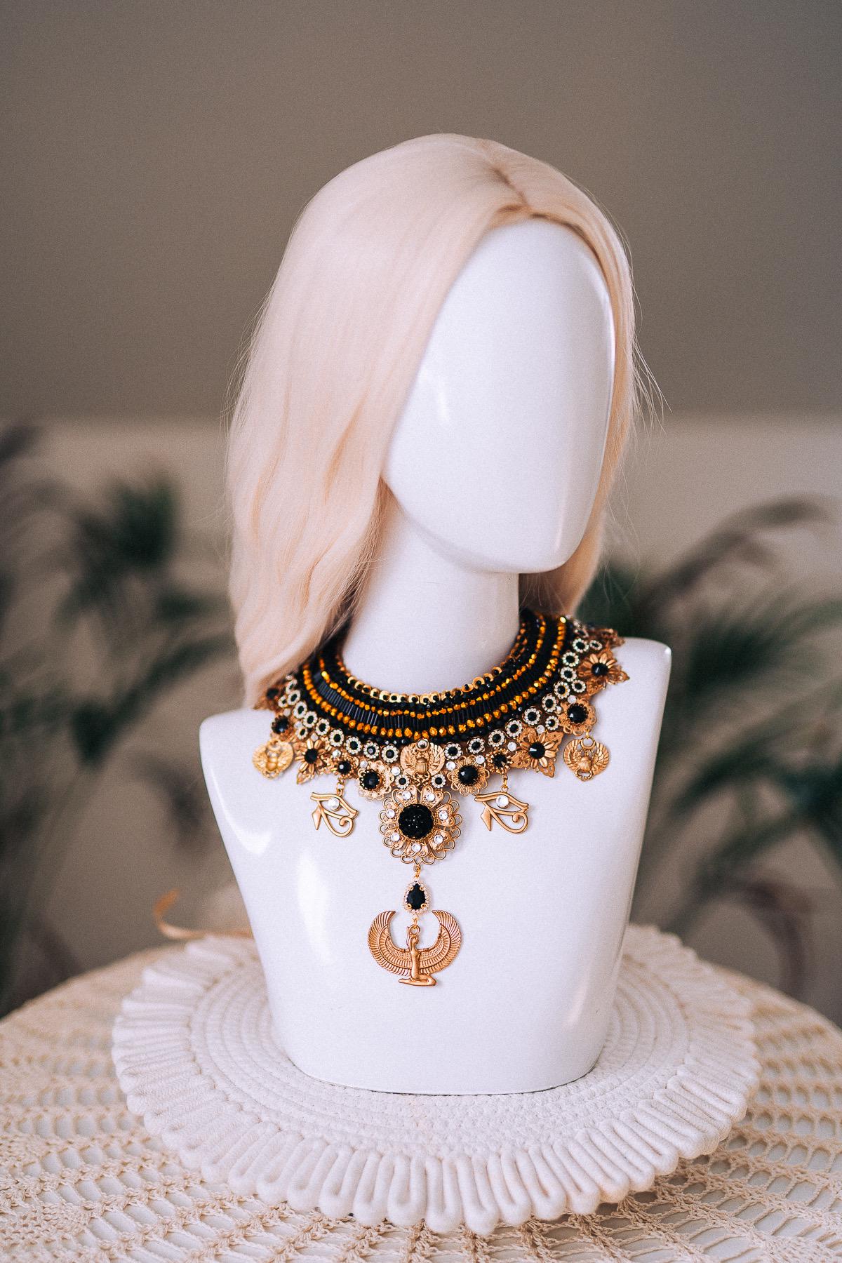 Cleopatra Night Sun Necklace Black Gold Egyptian Goddess Statement Jewelry