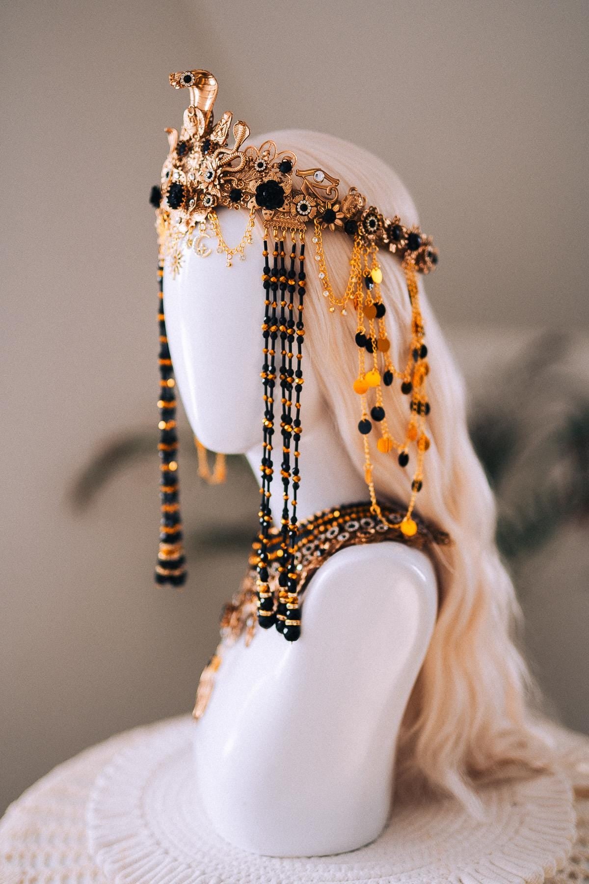 Cleopatra Night Sun Necklace Black Gold Egyptian Goddess Statement Jewelry