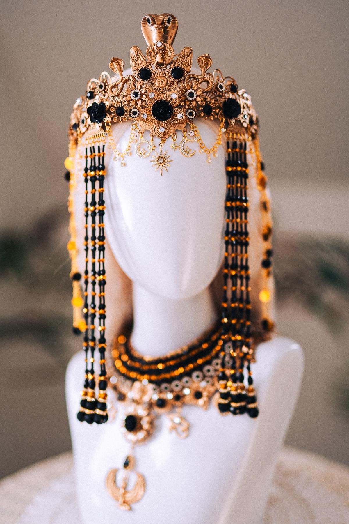 Cleopatra Night Sun Necklace Black Gold Egyptian Goddess Statement Jewelry