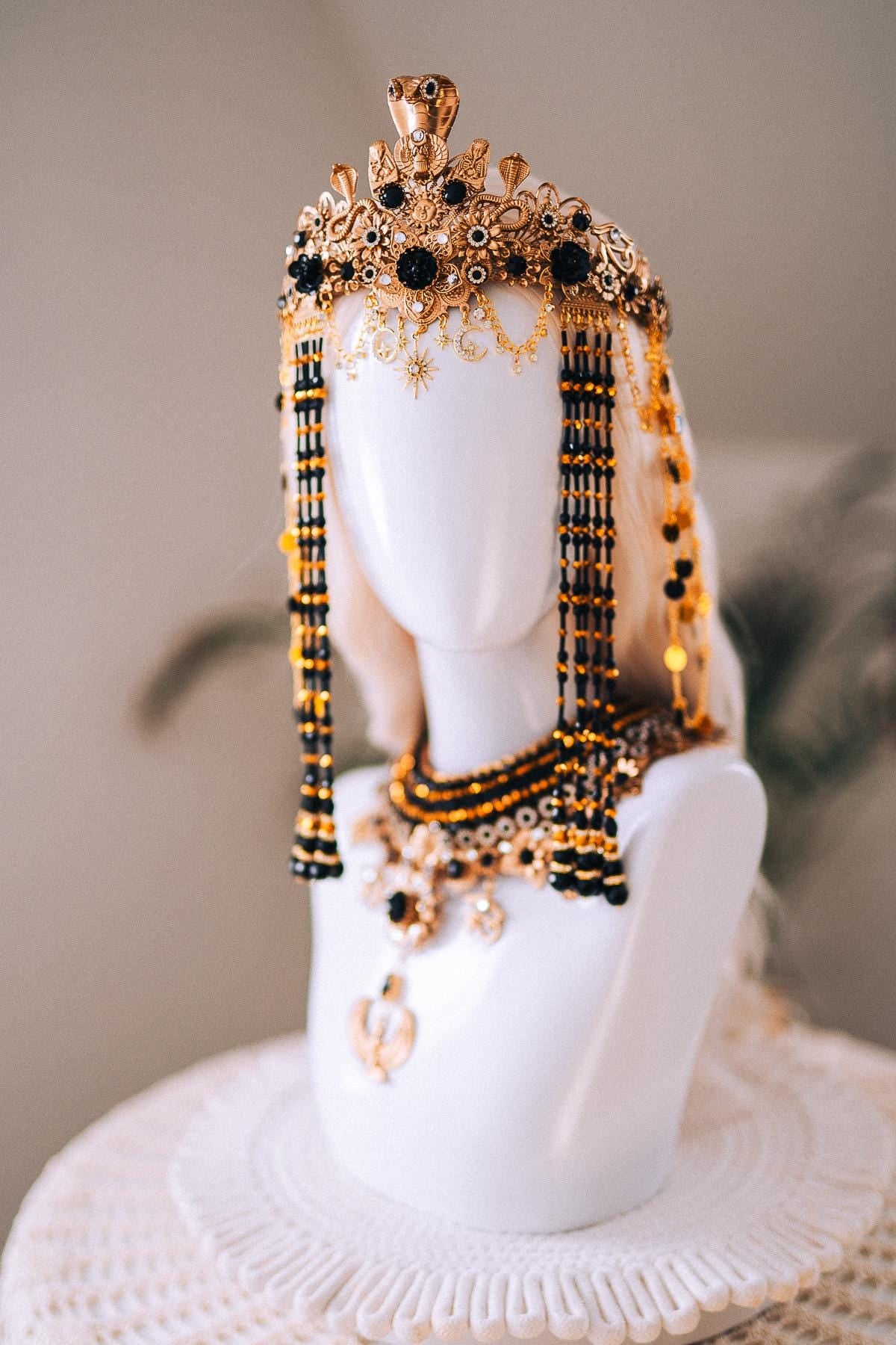 Cleopatra Night Sun Necklace Black Gold Egyptian Goddess Statement Jewelry