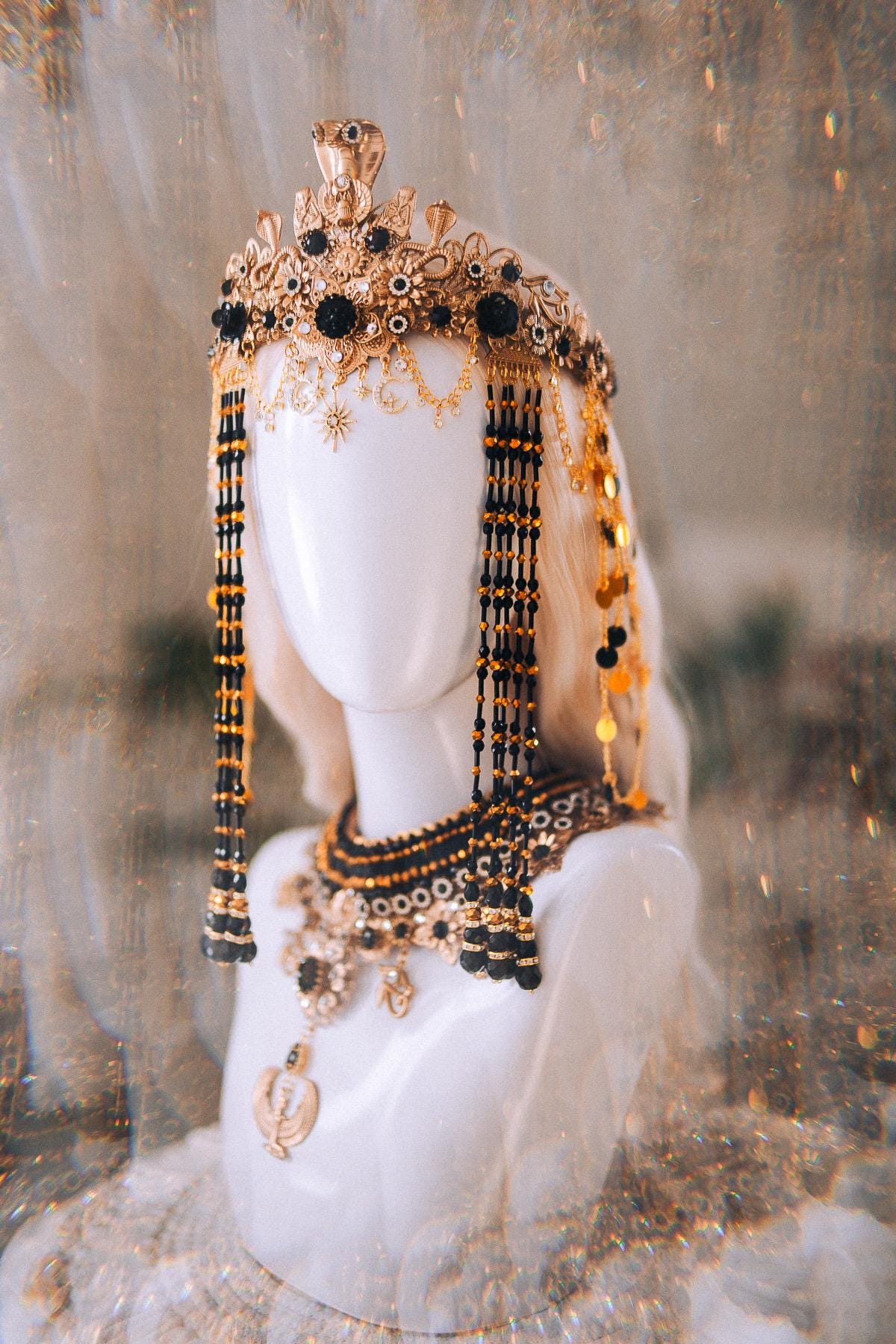 Cleopatra Night Sun Necklace Black Gold Egyptian Goddess Statement Jewelry