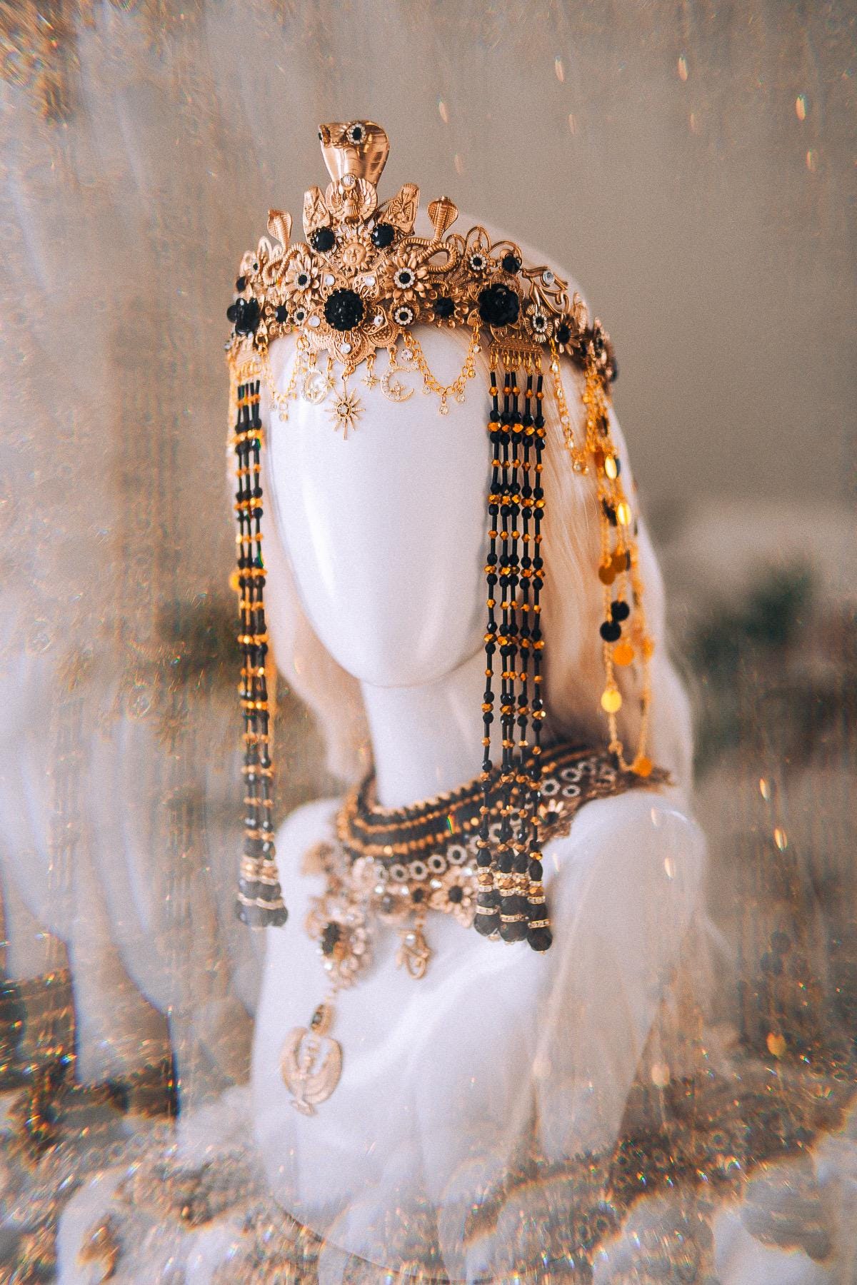 Cleopatra Night Sun Necklace Black Gold Egyptian Goddess Statement Jewelry