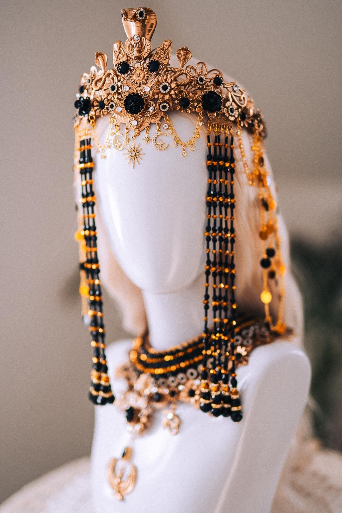 Cleopatra Night Sun Necklace Black Gold Egyptian Goddess Statement Jewelry