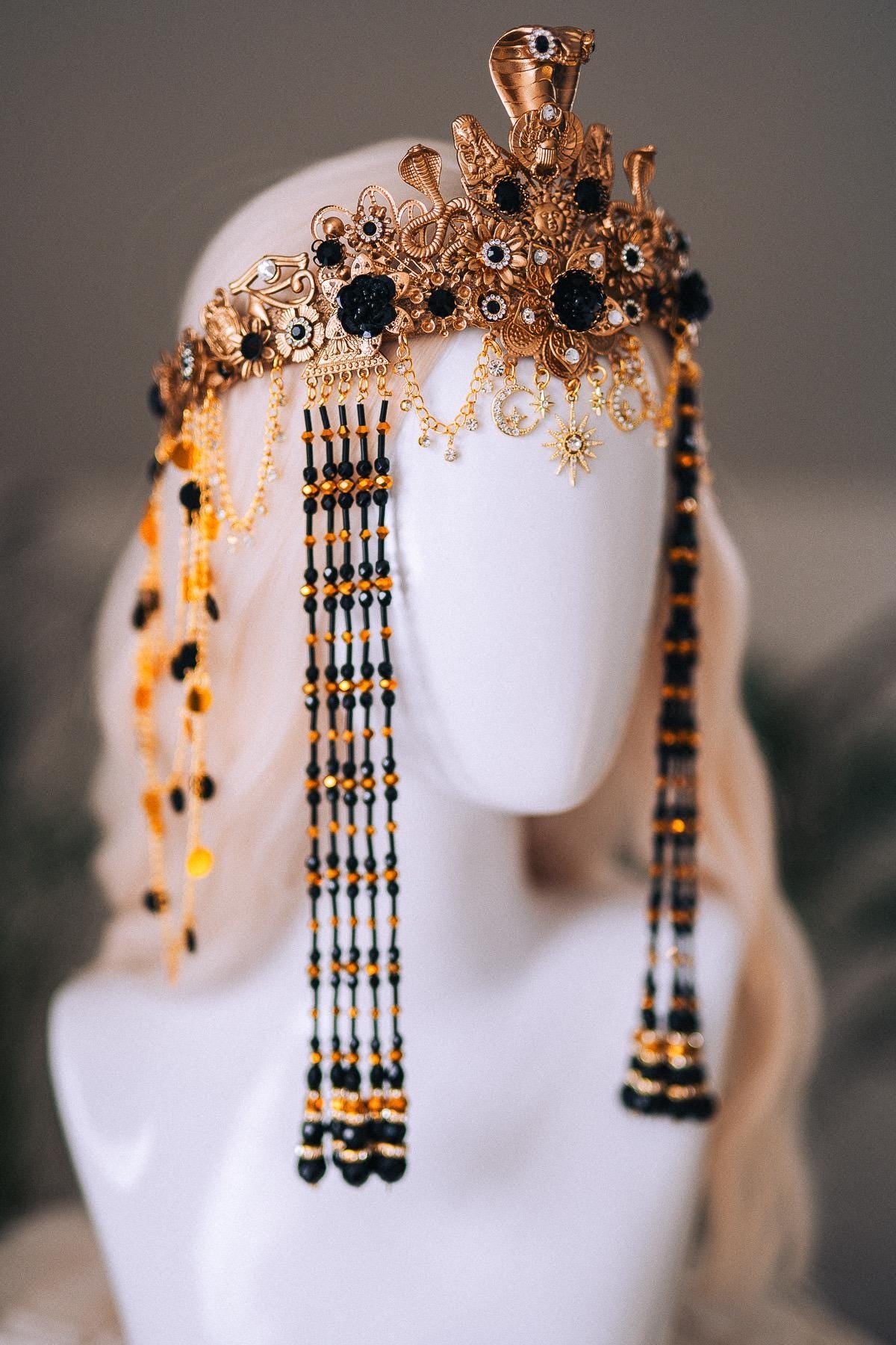 Cleopatra Night Sun Necklace Black Gold Egyptian Goddess Statement Jewelry