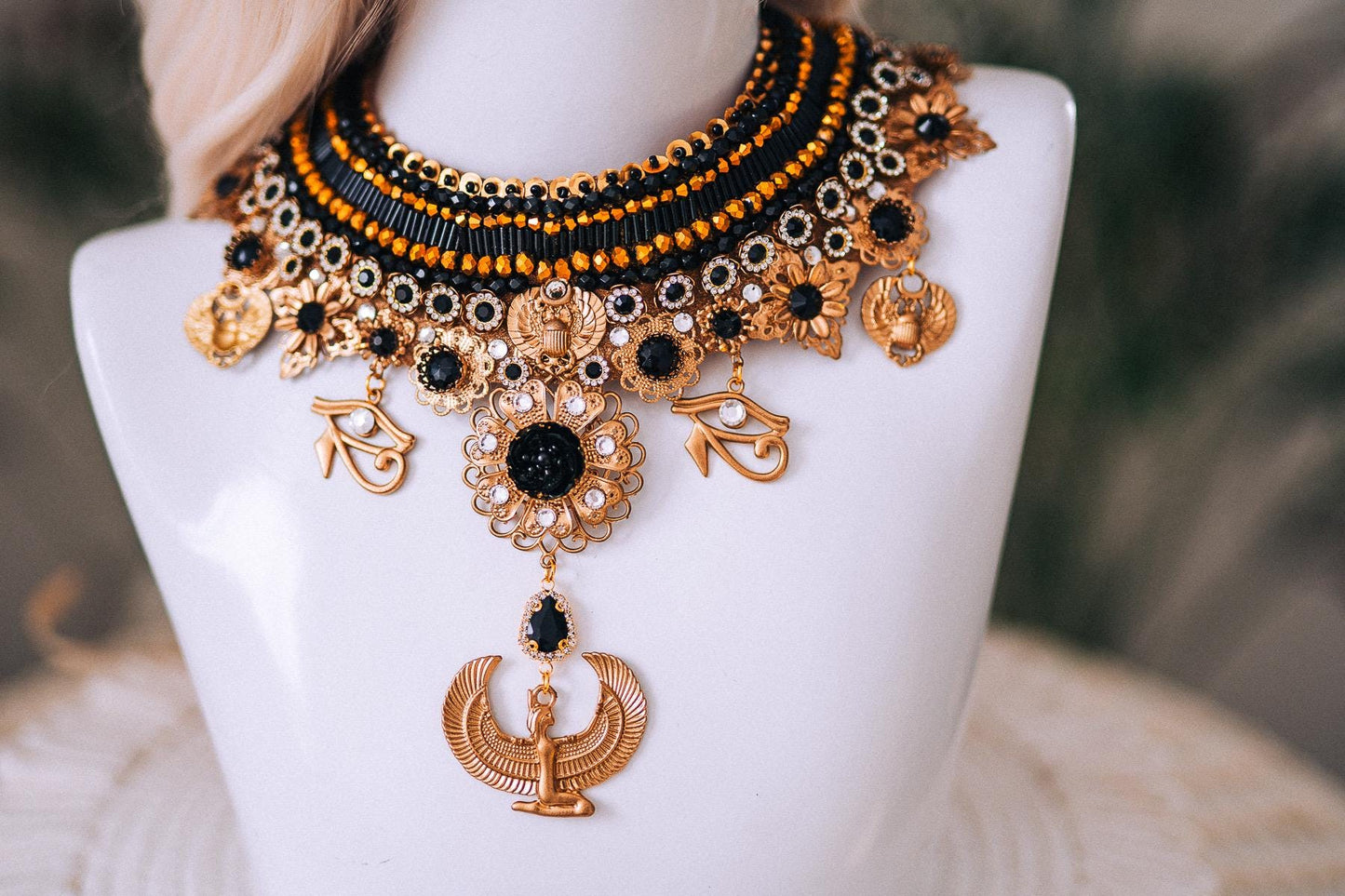 Cleopatra Night Sun Necklace Black Gold Egyptian Goddess Statement Jewelry