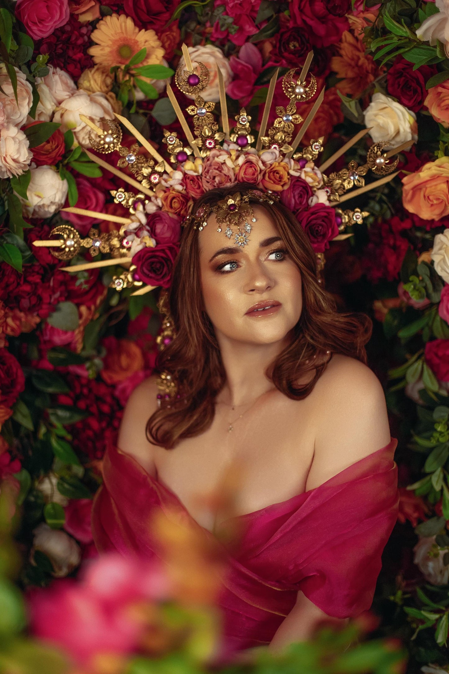 Floral Goddess Halo Crown Gold Pink Roses Celestial Headpiece