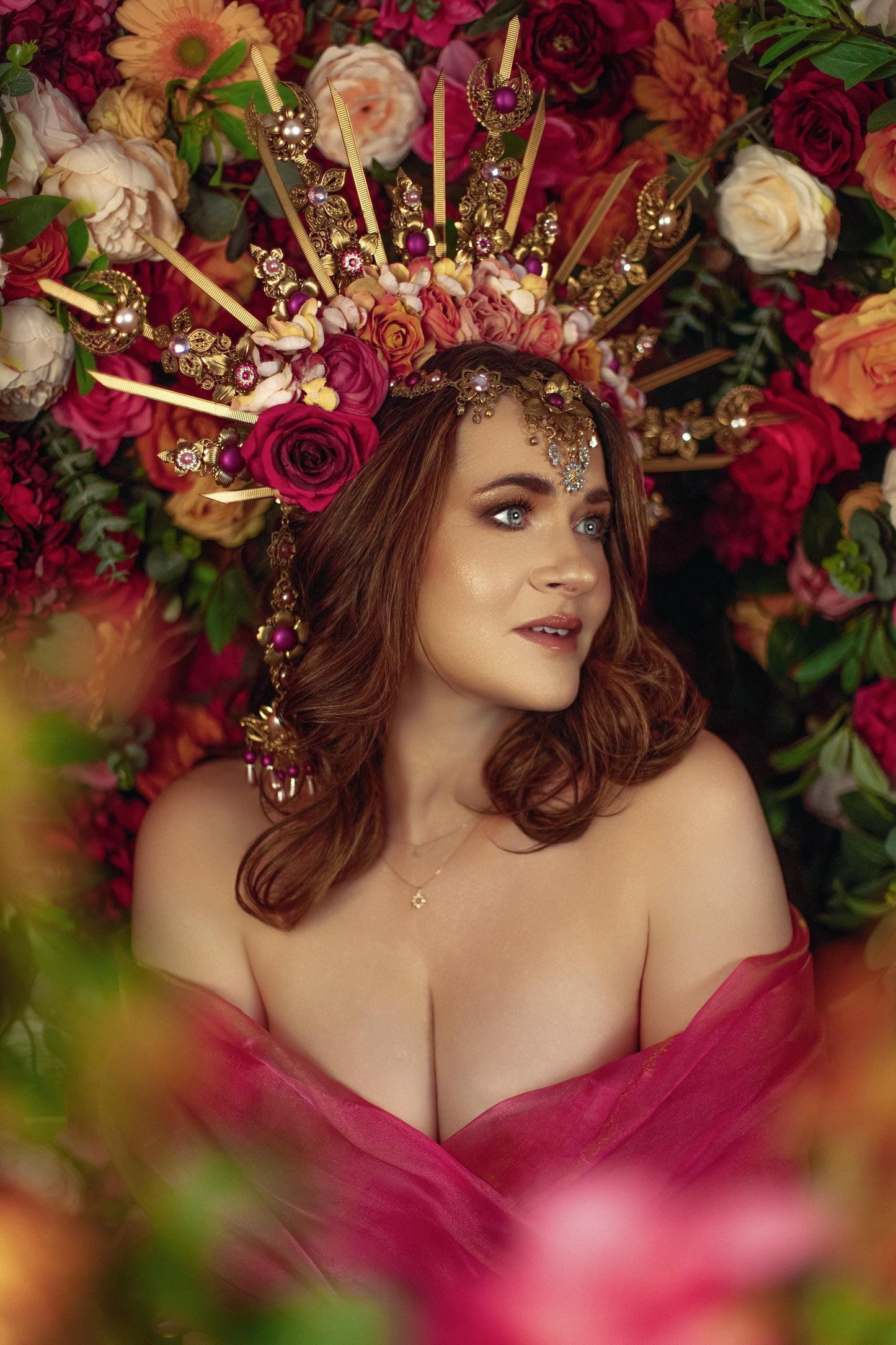 Floral Goddess Halo Crown Gold Pink Roses Celestial Headpiece