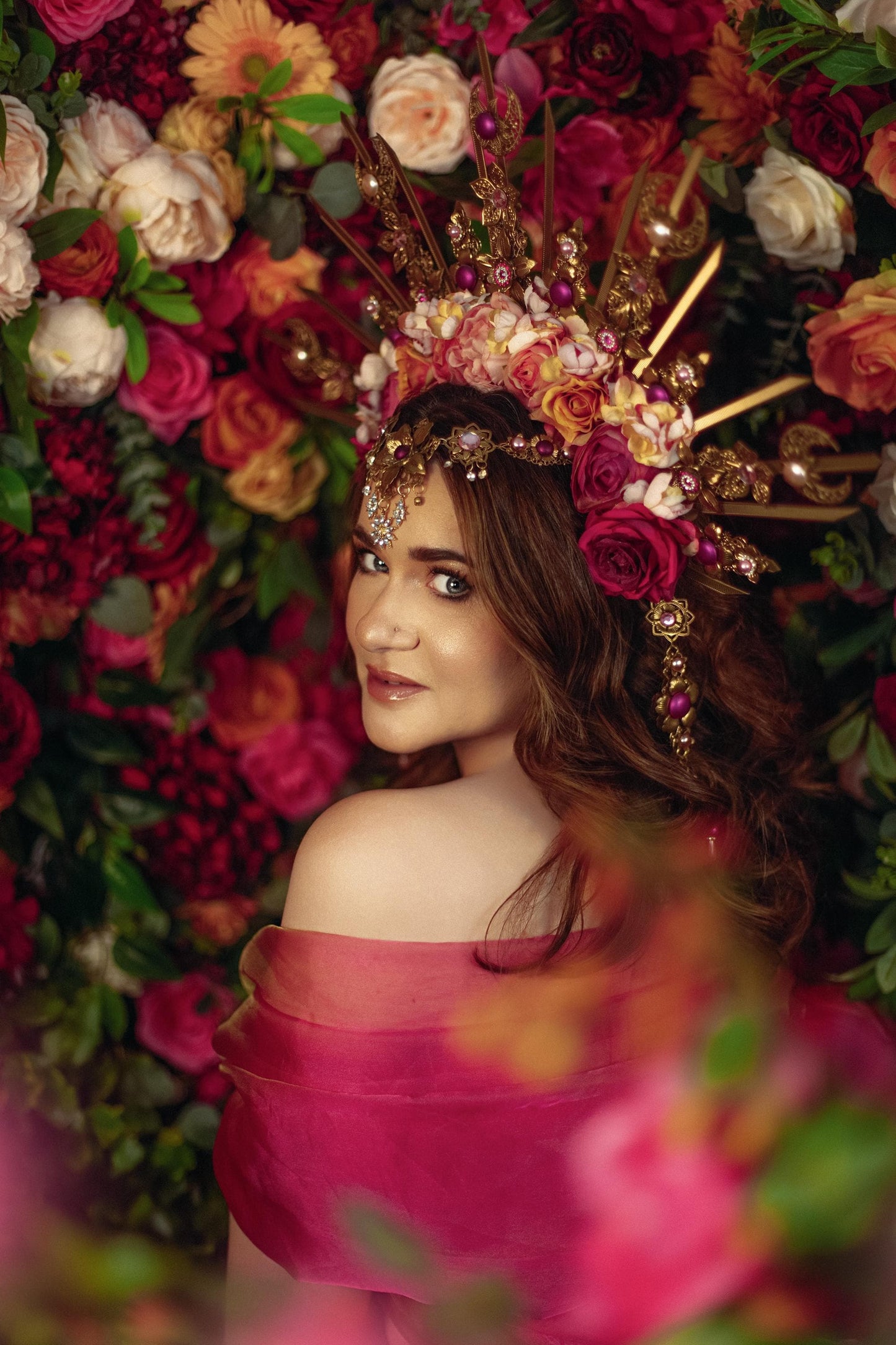 Floral Goddess Halo Crown Gold Pink Roses Celestial Headpiece