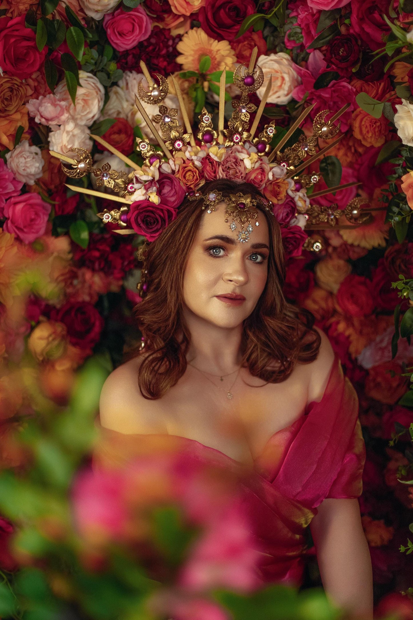 Floral Goddess Halo Crown Gold Pink Roses Celestial Headpiece