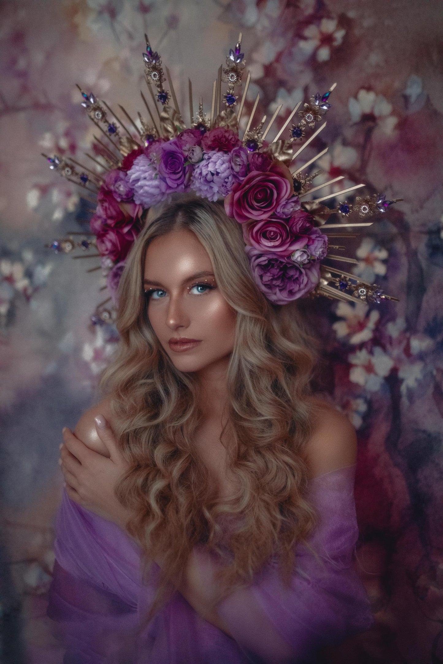 Purple Floral Halo Crown Goddess Maternity Photoshoot Headpiece