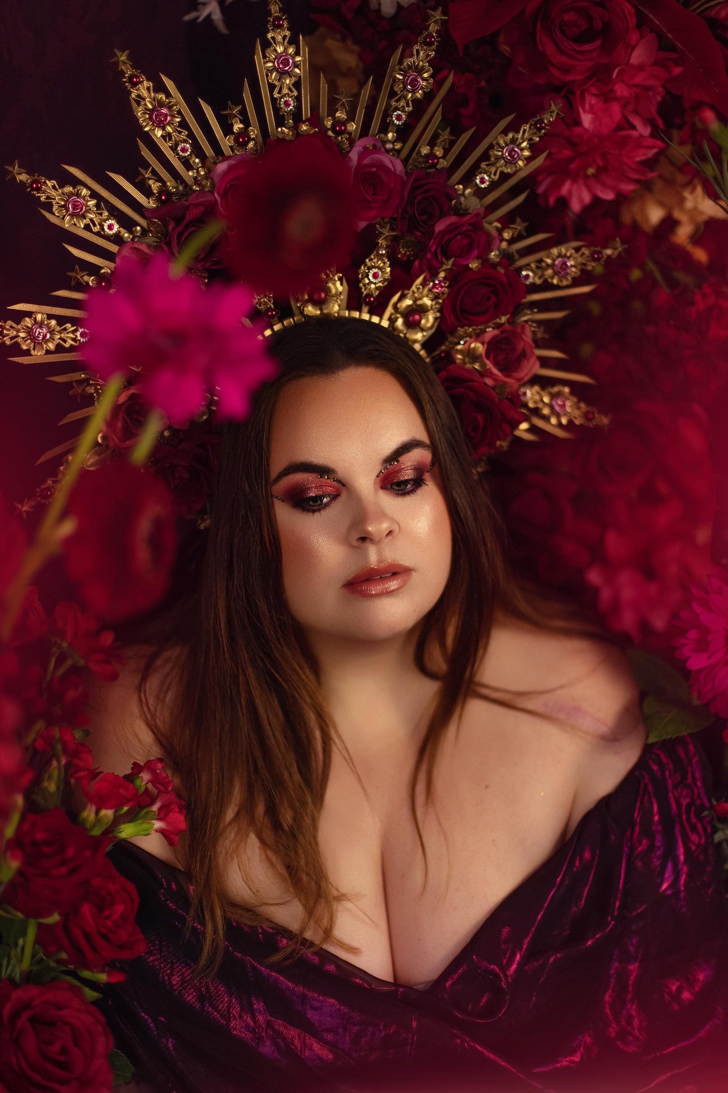 Crimson Rose Goddess Halo Crown Gold Floral Statement Headpiece