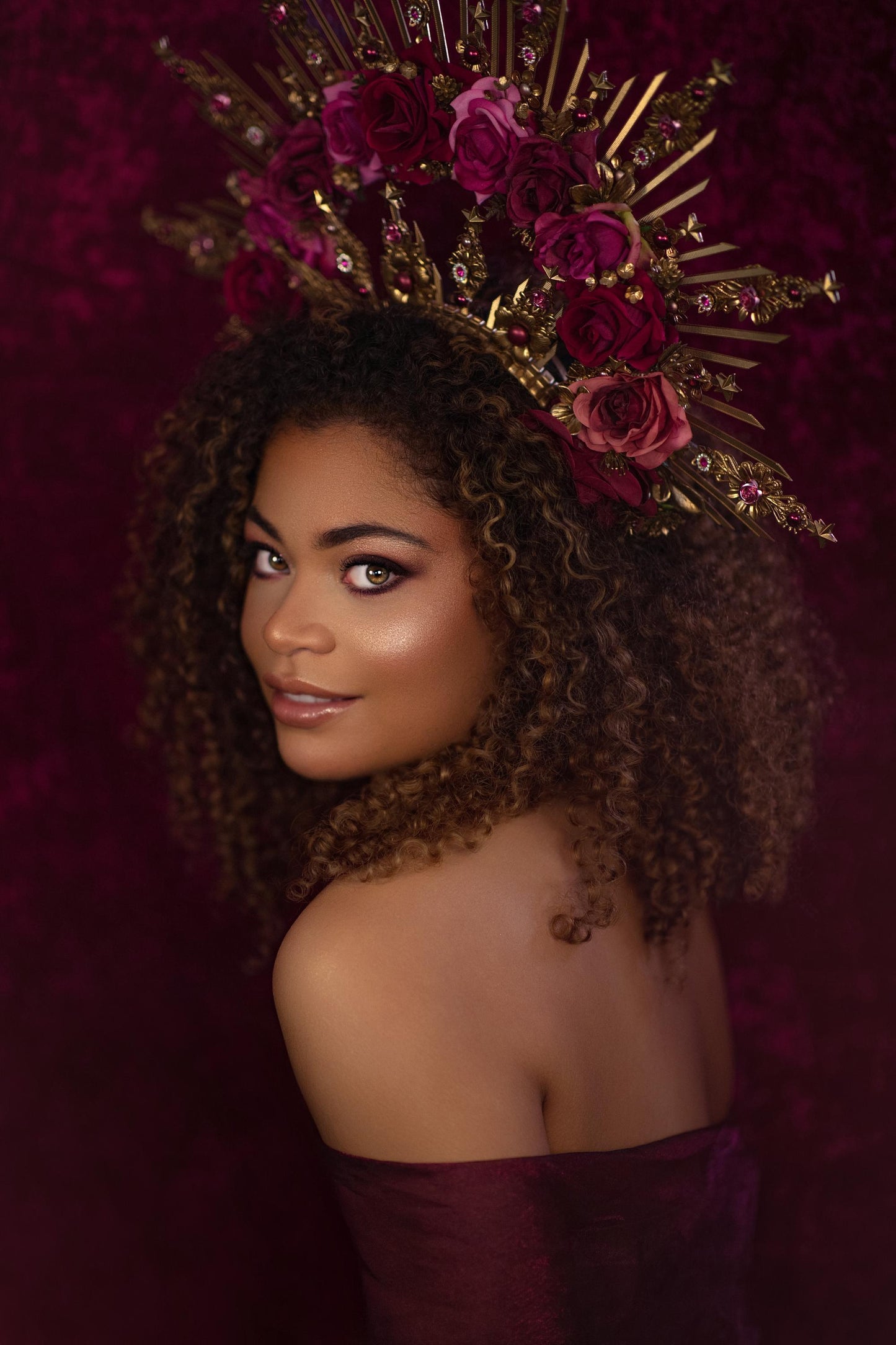 Crimson Rose Goddess Halo Crown Gold Floral Statement Headpiece