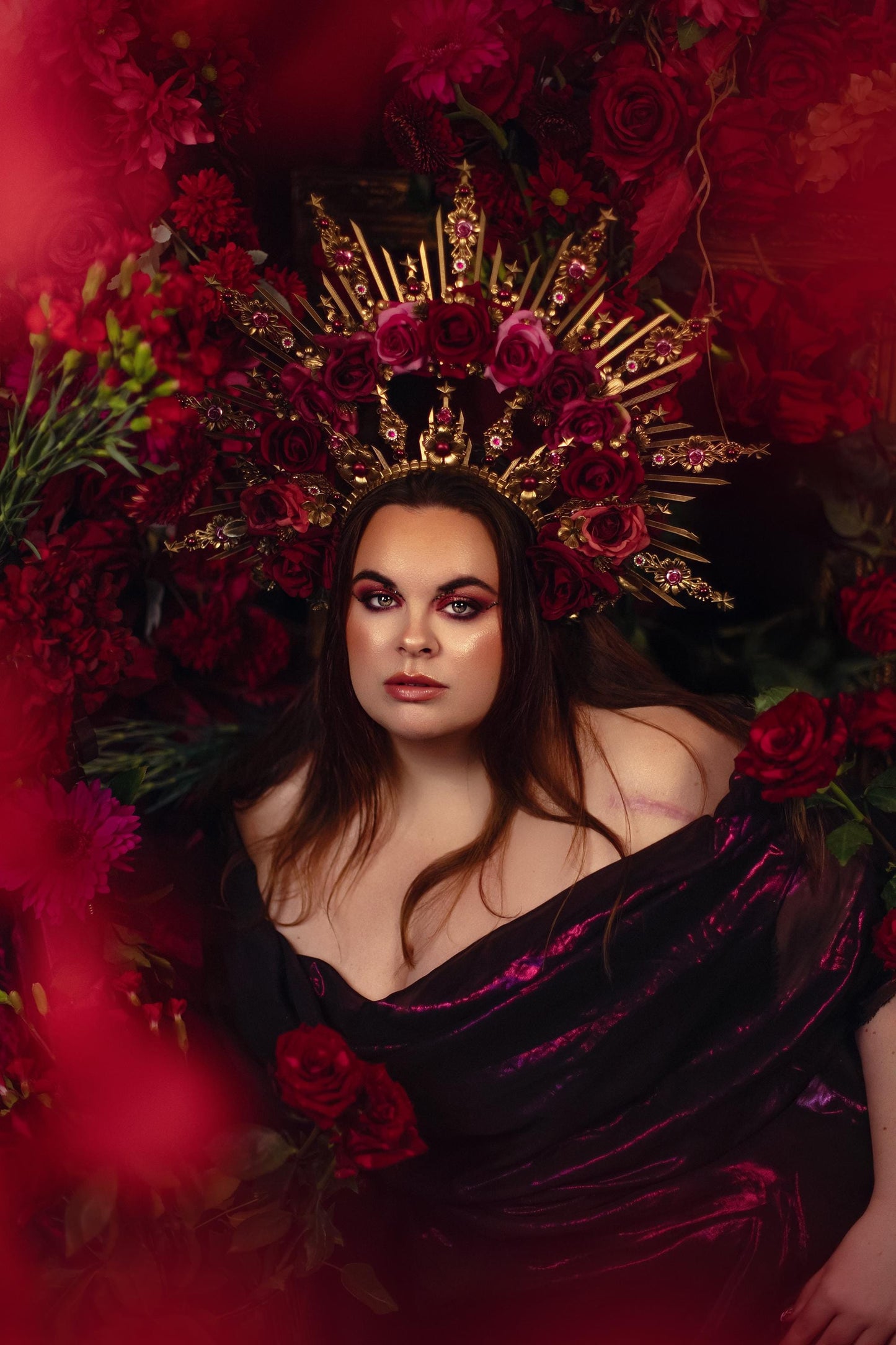 Crimson Rose Goddess Halo Crown Gold Floral Statement Headpiece
