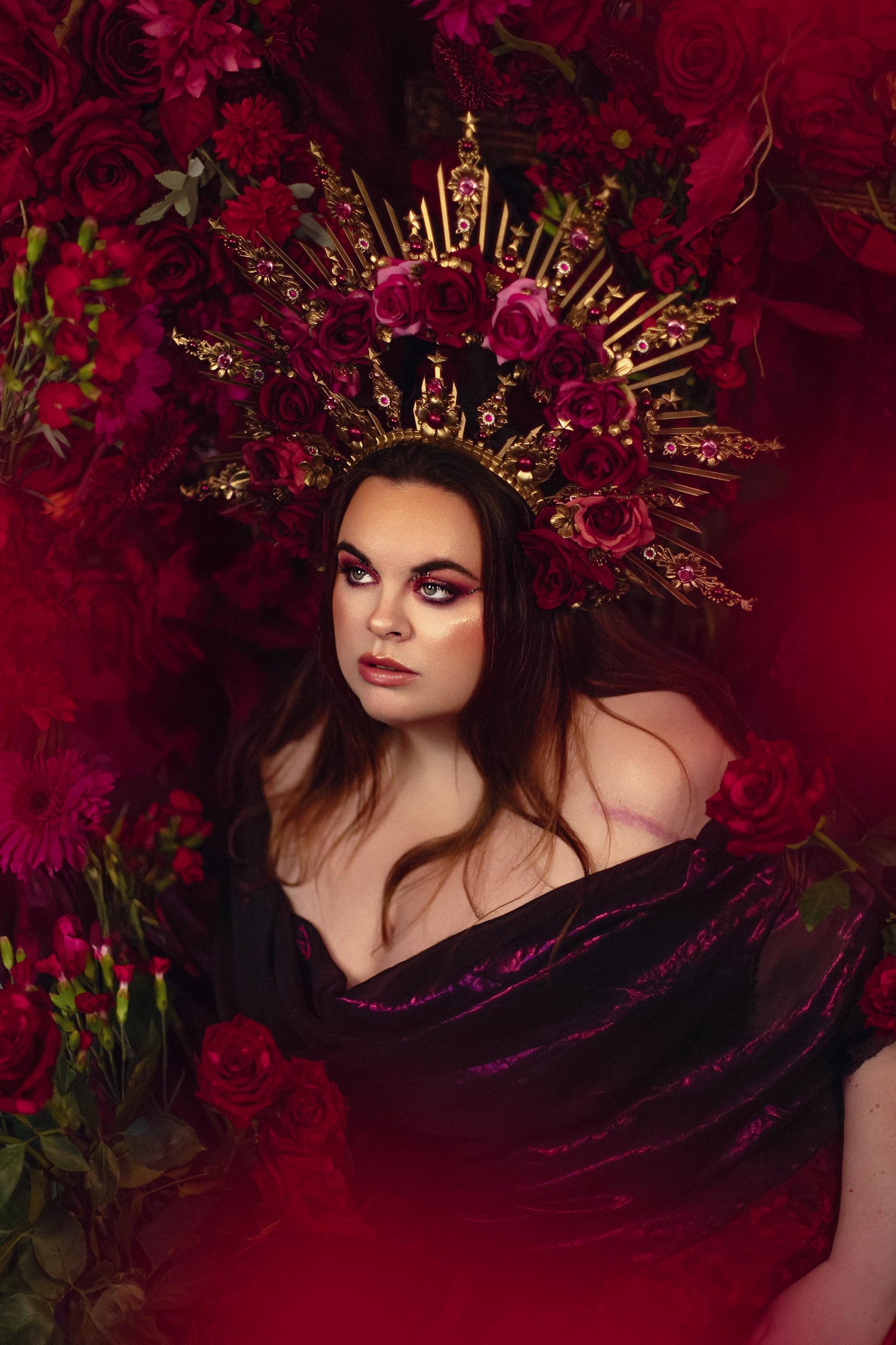 Crimson Rose Goddess Halo Crown Gold Floral Statement Headpiece