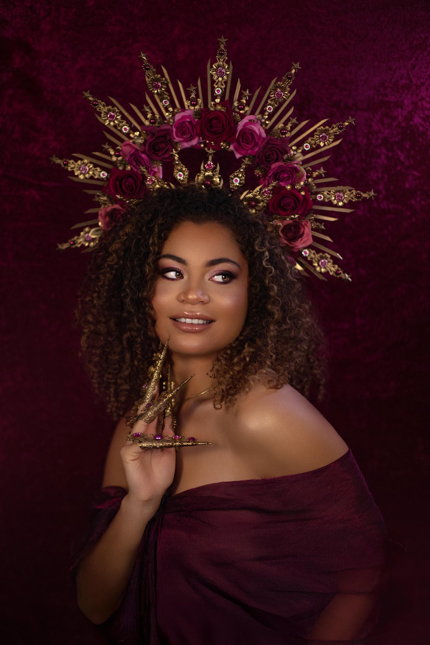 Crimson Rose Goddess Halo Crown Gold Floral Statement Headpiece