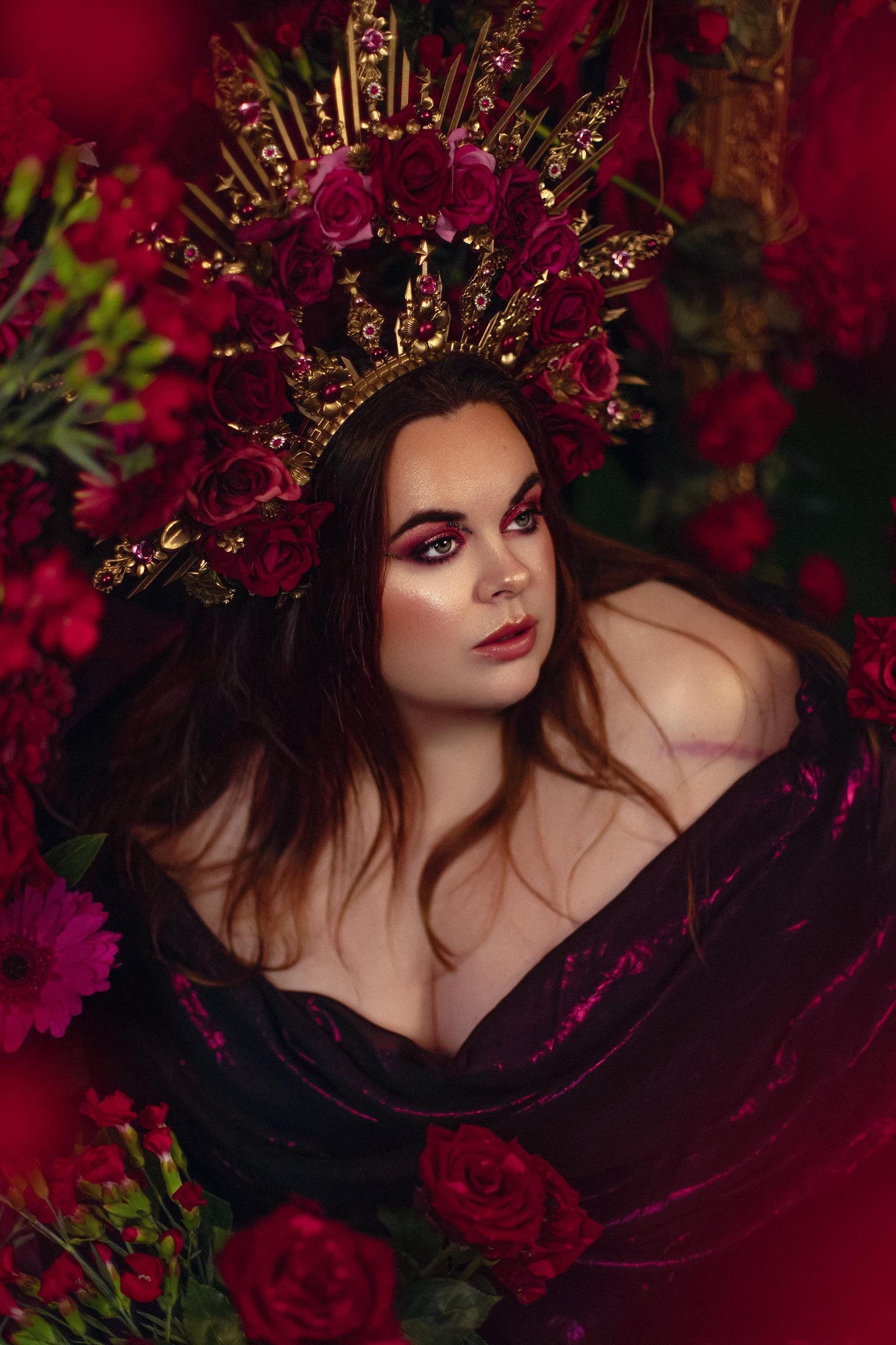 Crimson Rose Goddess Halo Crown Gold Floral Statement Headpiece