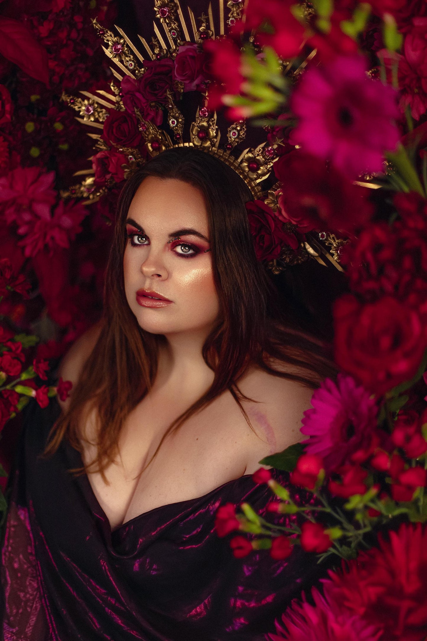 Crimson Rose Goddess Halo Crown Gold Floral Statement Headpiece