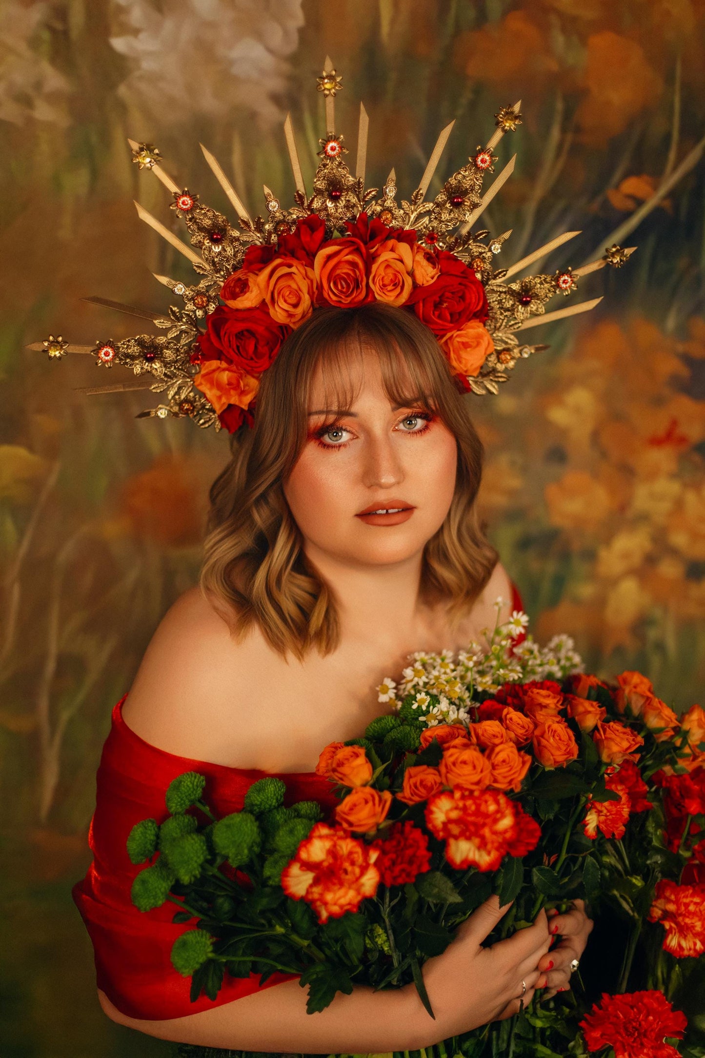 Autumn Flame Halo Crown With Red Orange Roses Gold Spikes