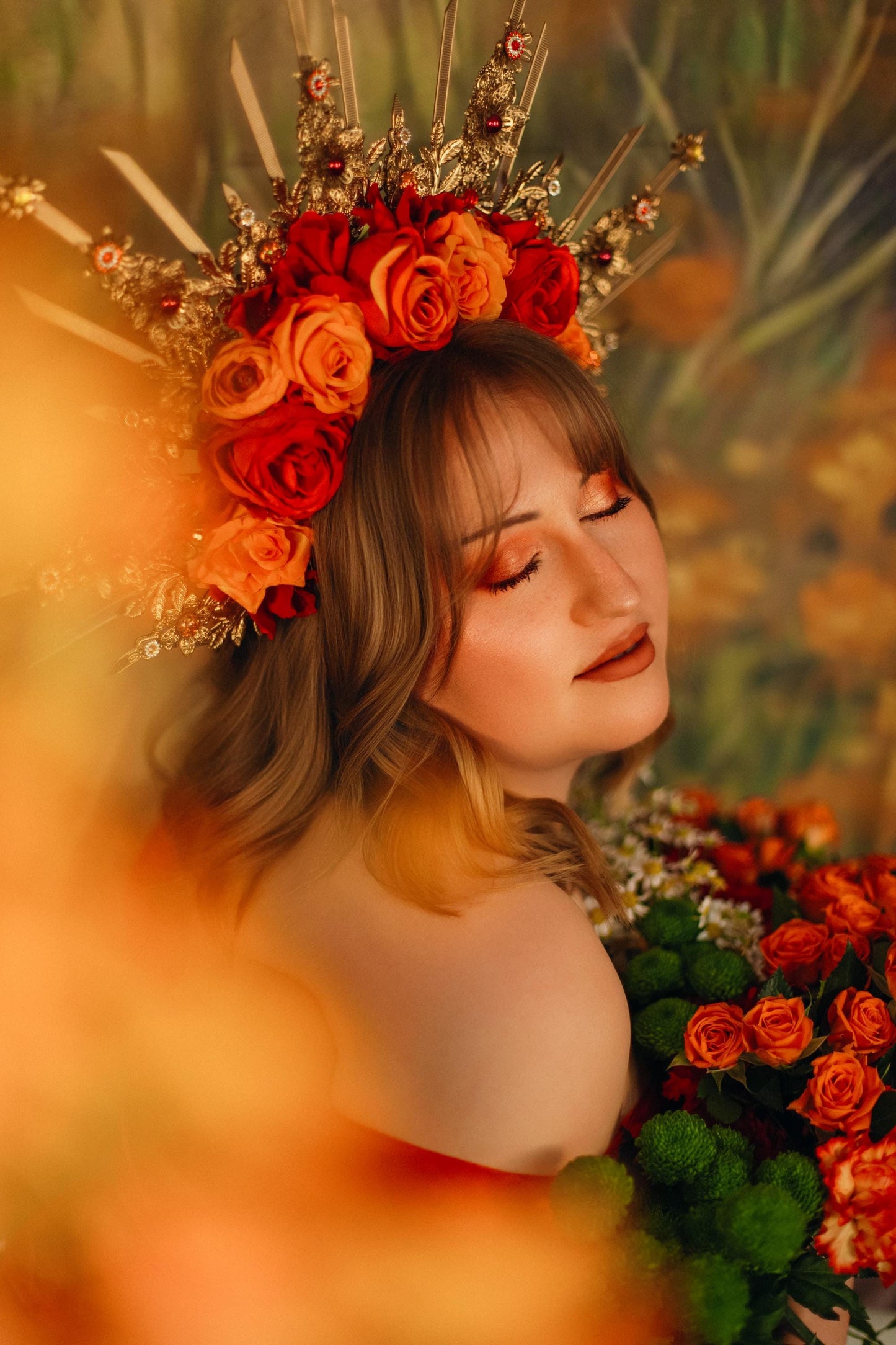 Autumn Flame Halo Crown With Red Orange Roses Gold Spikes