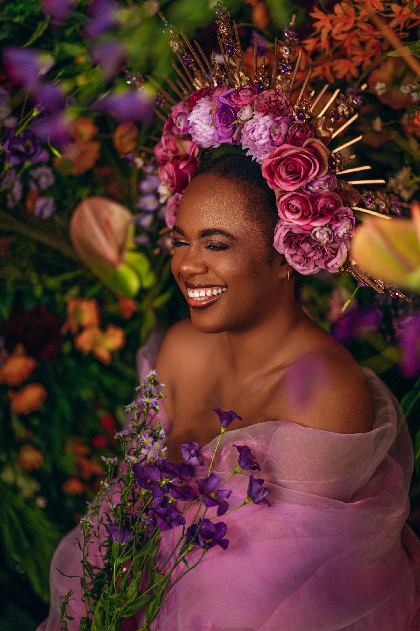 Floral Goddess Halo Crown With Pink Roses Gold Spikes
