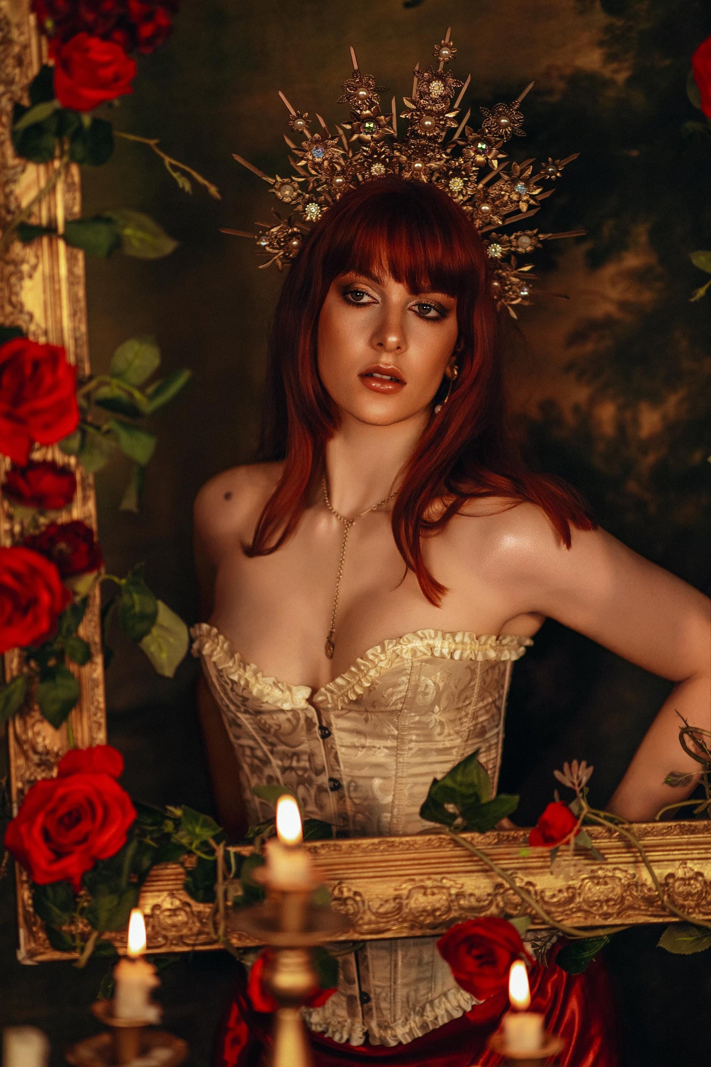 Baroque Floral Masquerade Halo Crown Golden Goddess Headpiece