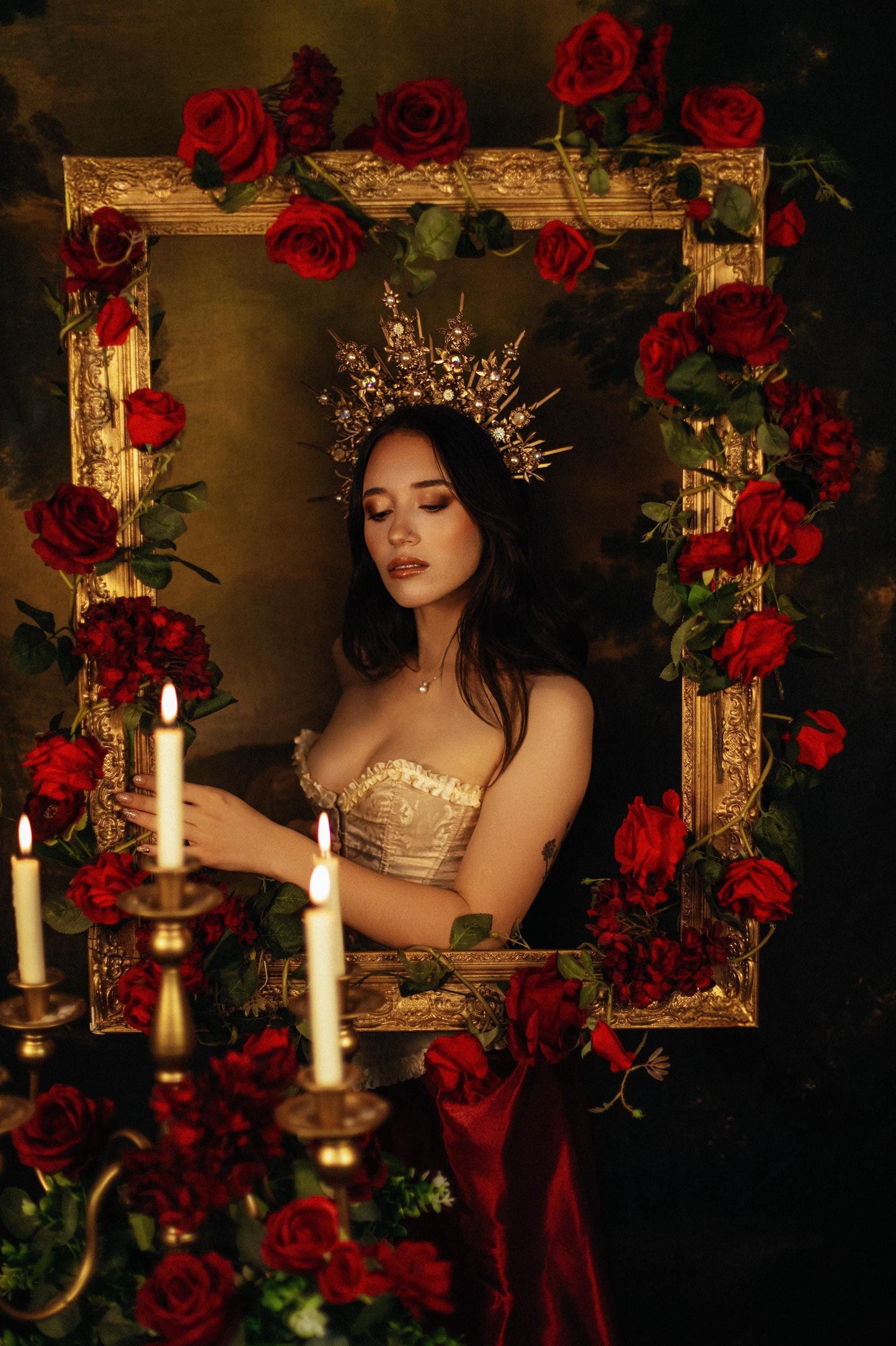 Baroque Floral Masquerade Halo Crown Golden Goddess Headpiece