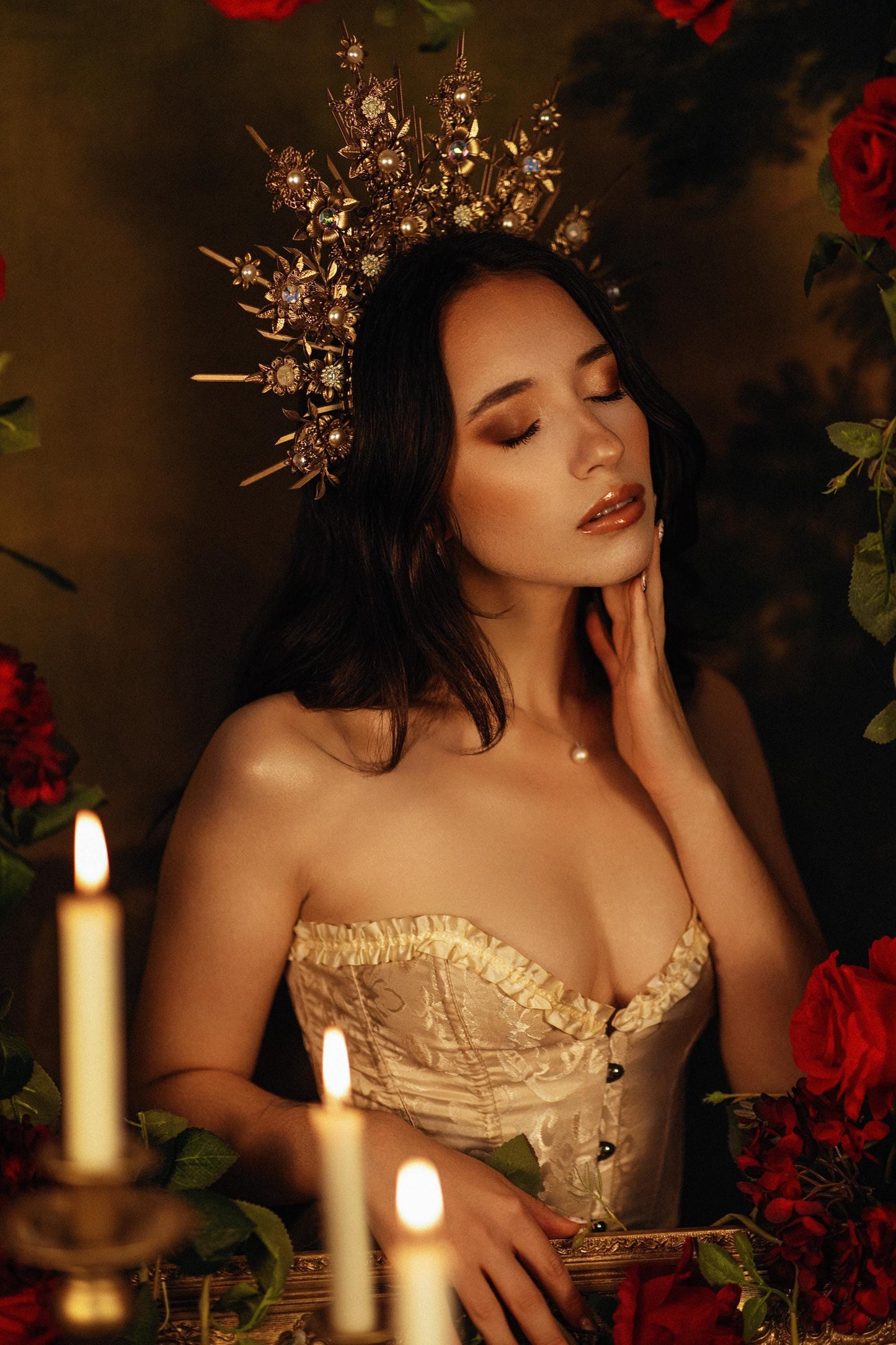 Baroque Floral Masquerade Halo Crown Golden Goddess Headpiece