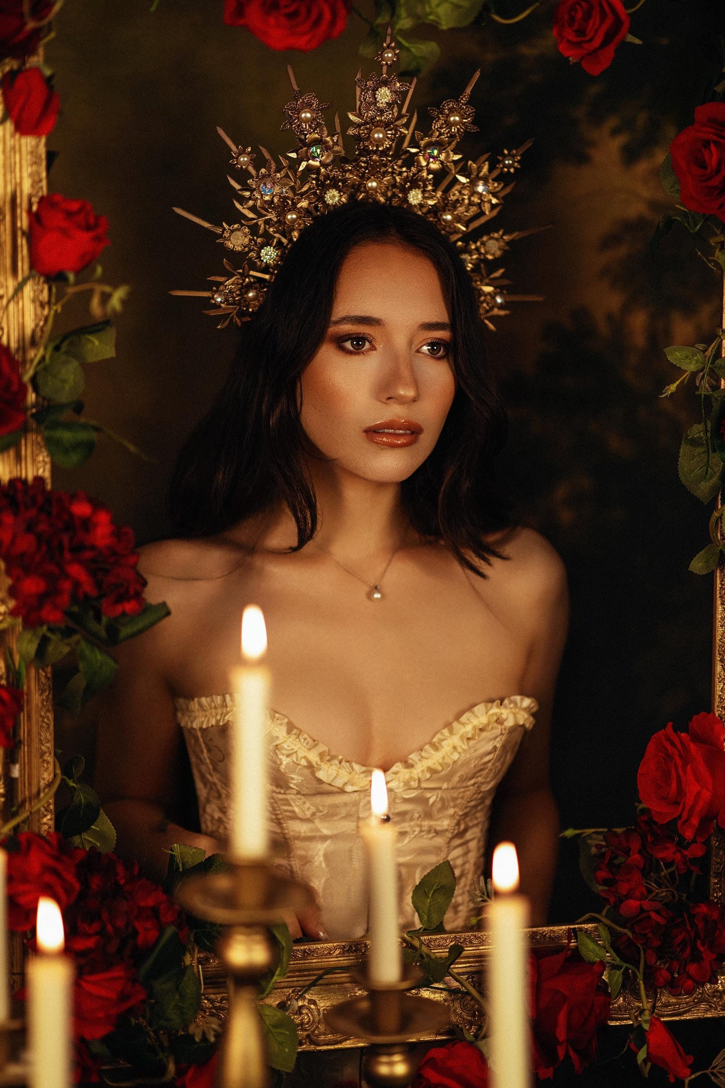 Baroque Floral Masquerade Halo Crown Golden Goddess Headpiece