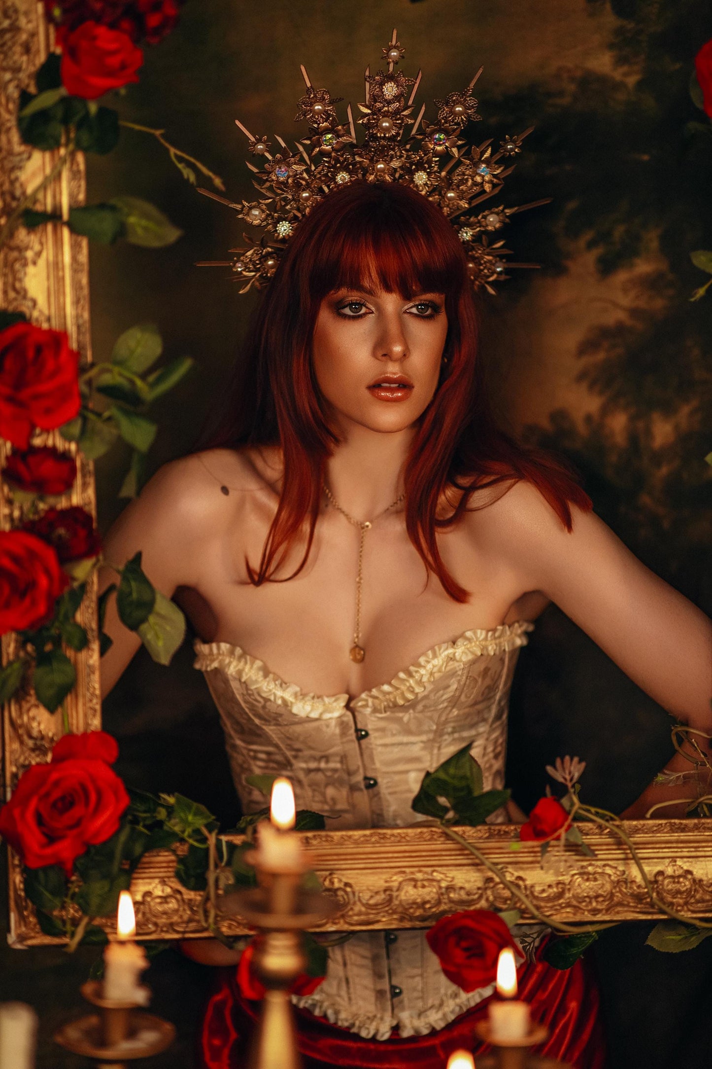 Baroque Floral Masquerade Halo Crown Golden Goddess Headpiece