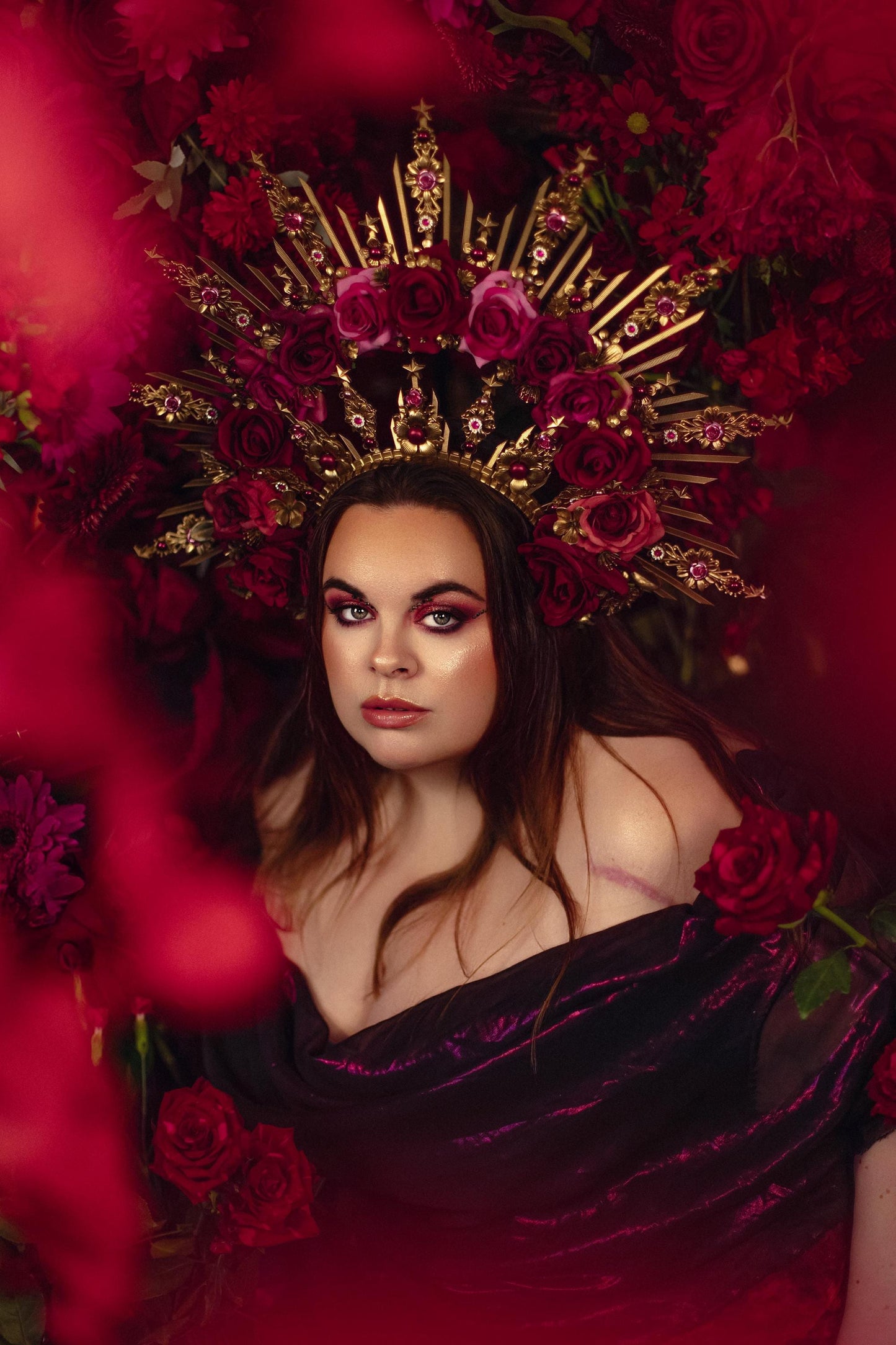Crimson Rose Goddess Halo Crown Gold Floral Statement Headpiece