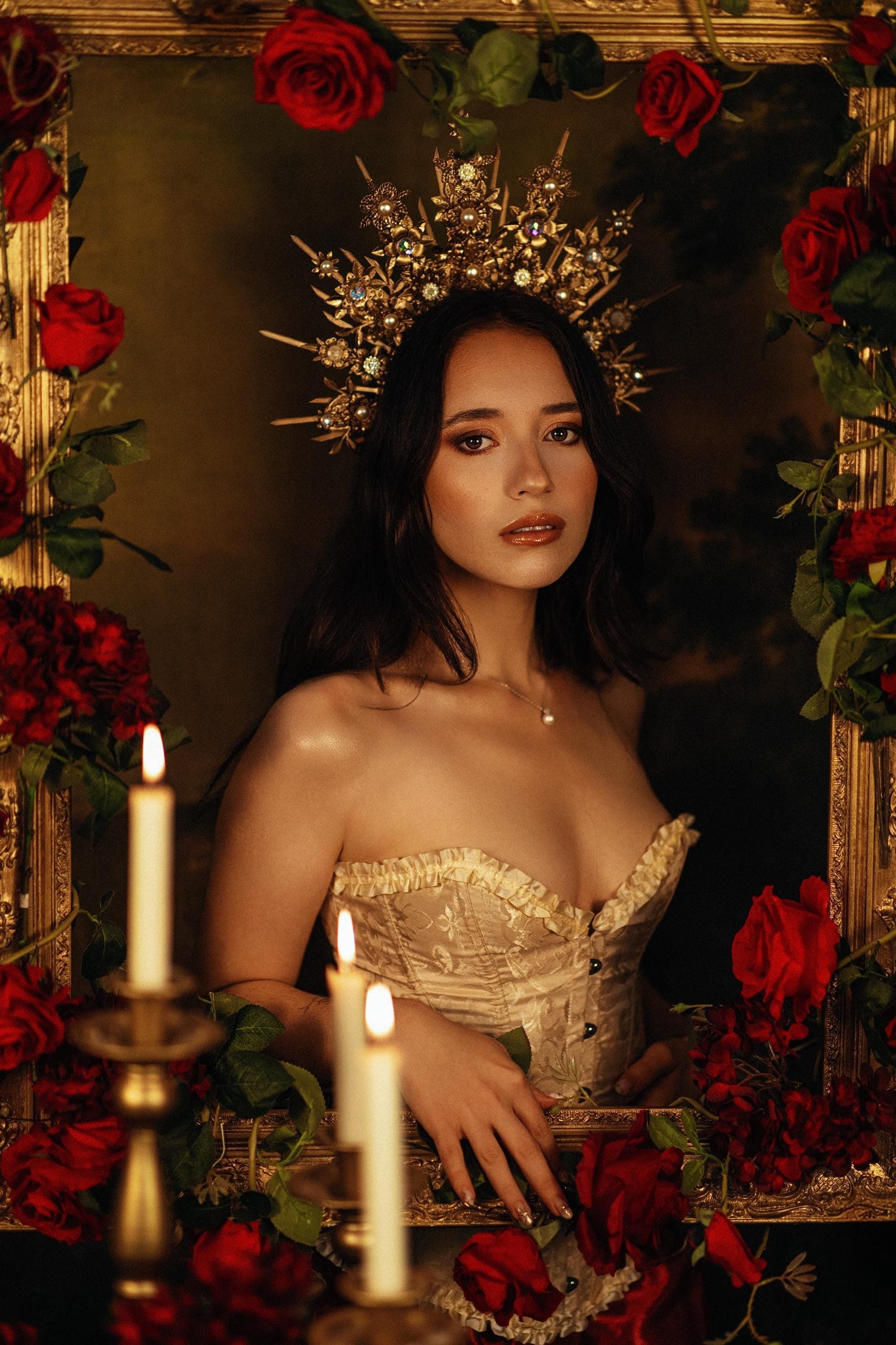 Baroque Floral Masquerade Halo Crown Golden Goddess Headpiece