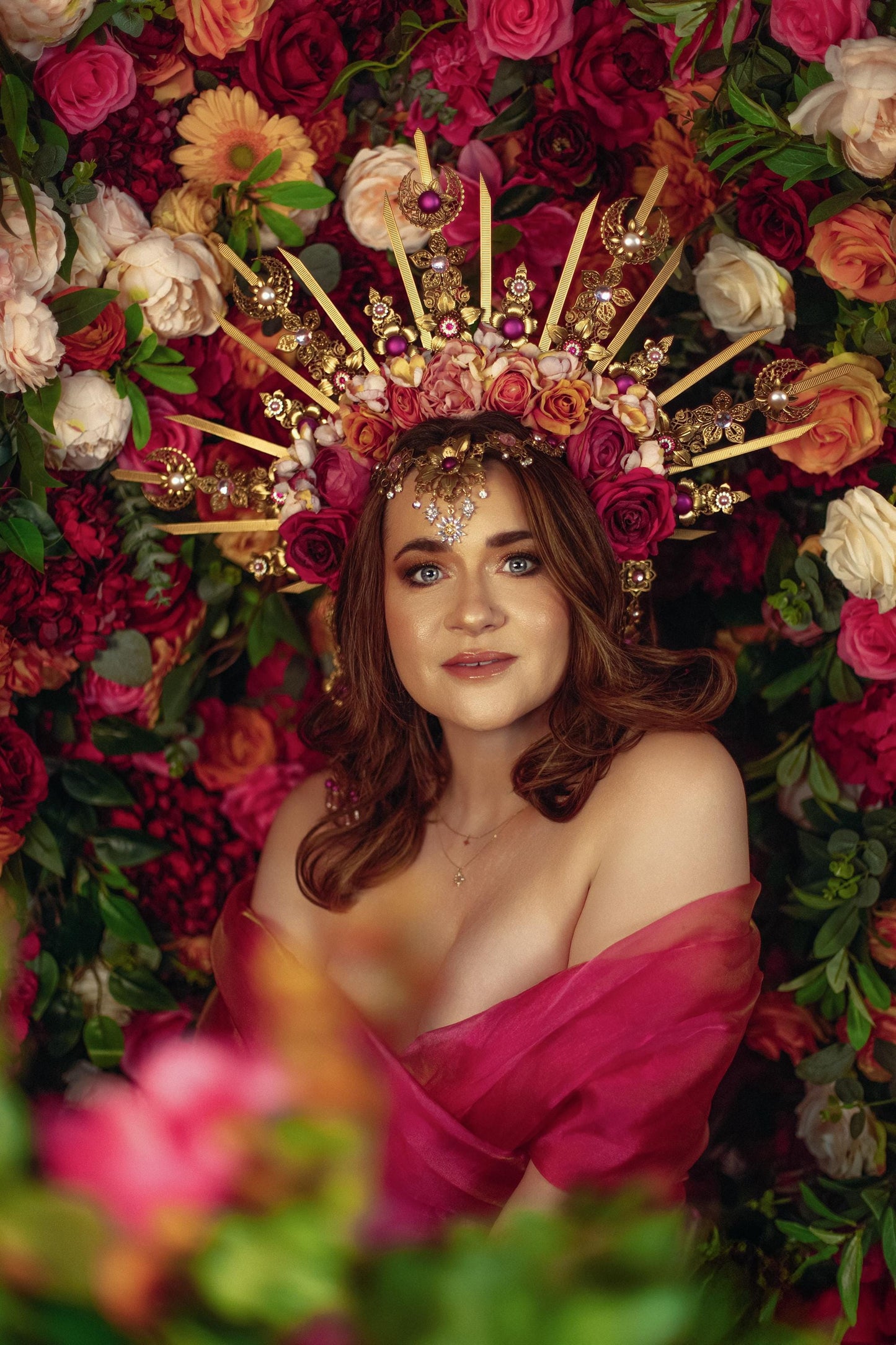 Floral Goddess Halo Crown Gold Pink Roses Celestial Headpiece