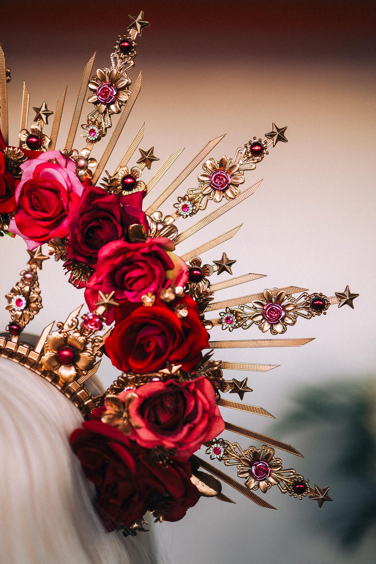Crimson Rose Goddess Halo Crown Gold Floral Statement Headpiece